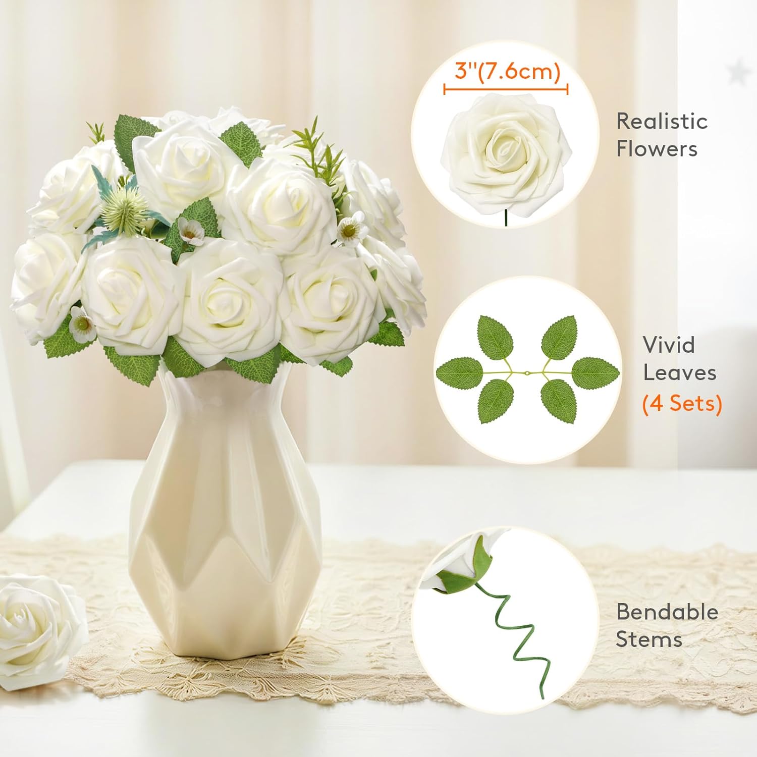 Lifewit Artificial Flowers, 25 Pcs Ivory Foam Real Looking Roses with Stems, Fake Roses for DIY Wedding Bouquets, Centerpieces Arrangements, Valentine Decorations - Image 4