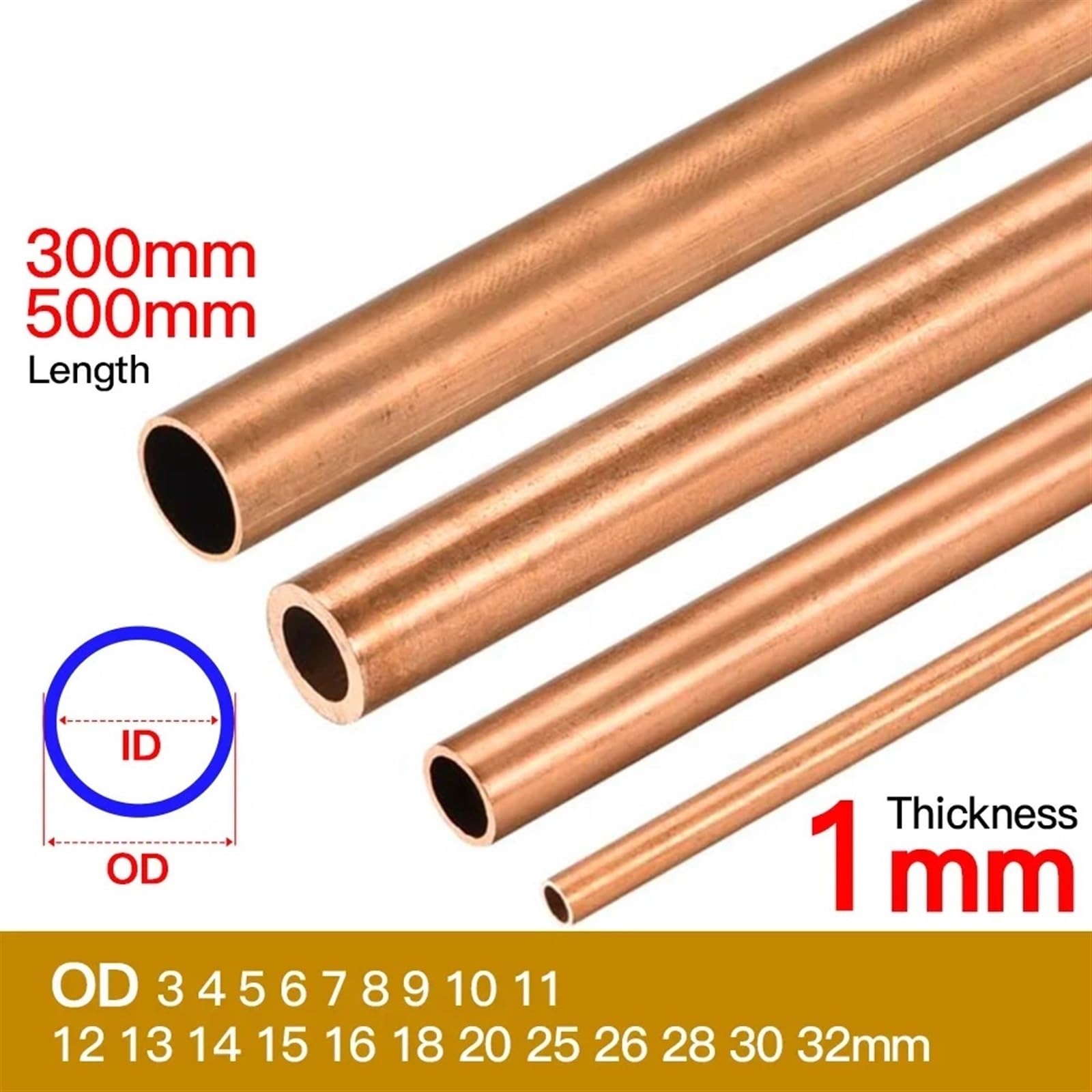 Rura miedziana 1mm grubość ścianki 3-30mm średnica zewnętrzna 300mm 500mm długość pusta prosta okrągła rurka rura miedziana (Color : 500mm, Size : OD 28 x ID 26mm)
