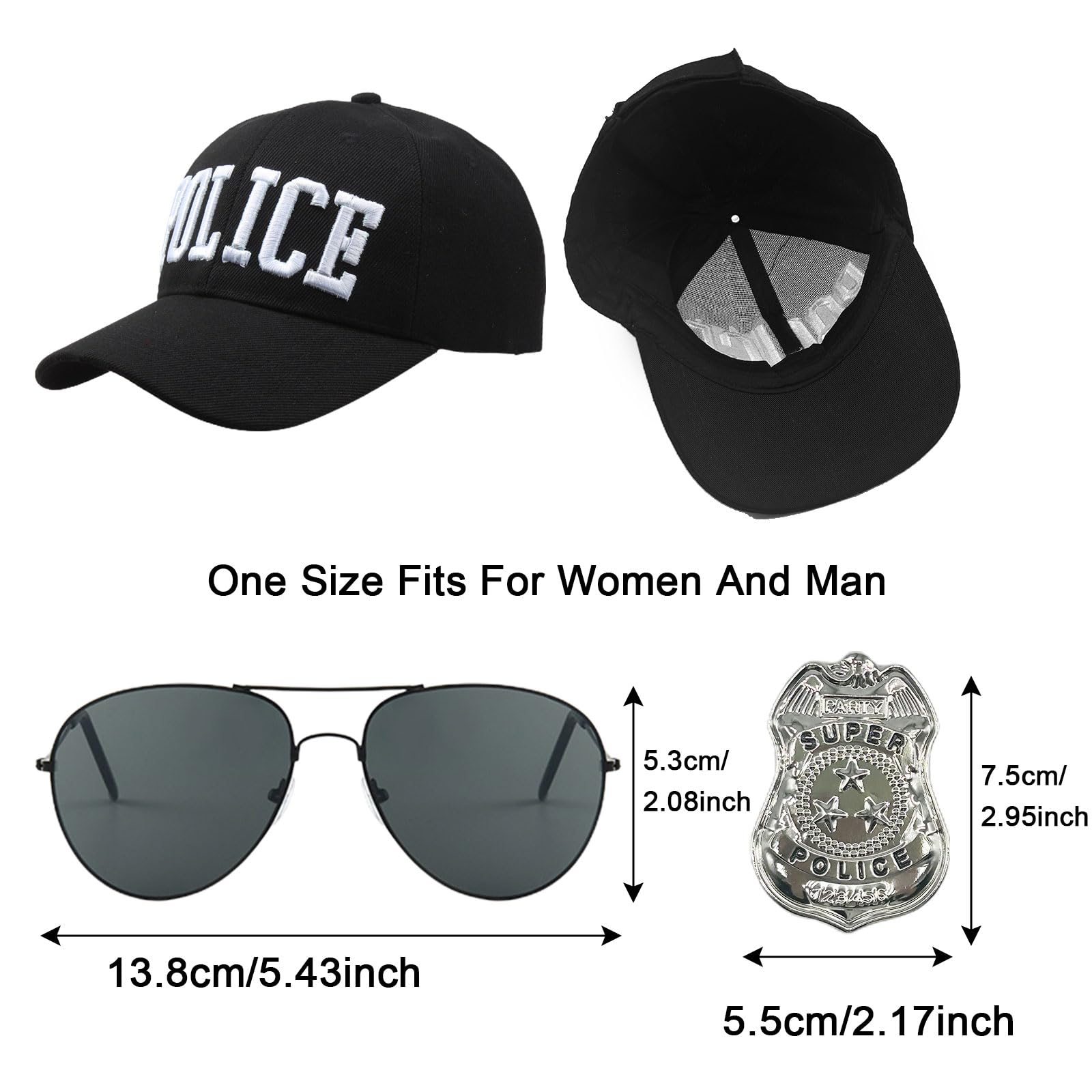 EUPSIIU 3 Pieces Police Costume Adult Kids Police Baseball Hat Sunglasses Cuffs Badge Halloween Cop Fancy Dress Hat Role Play Cosplay Party Embroidery Hats Unisex Police Cap Festival Costumes (Black) - Image 2