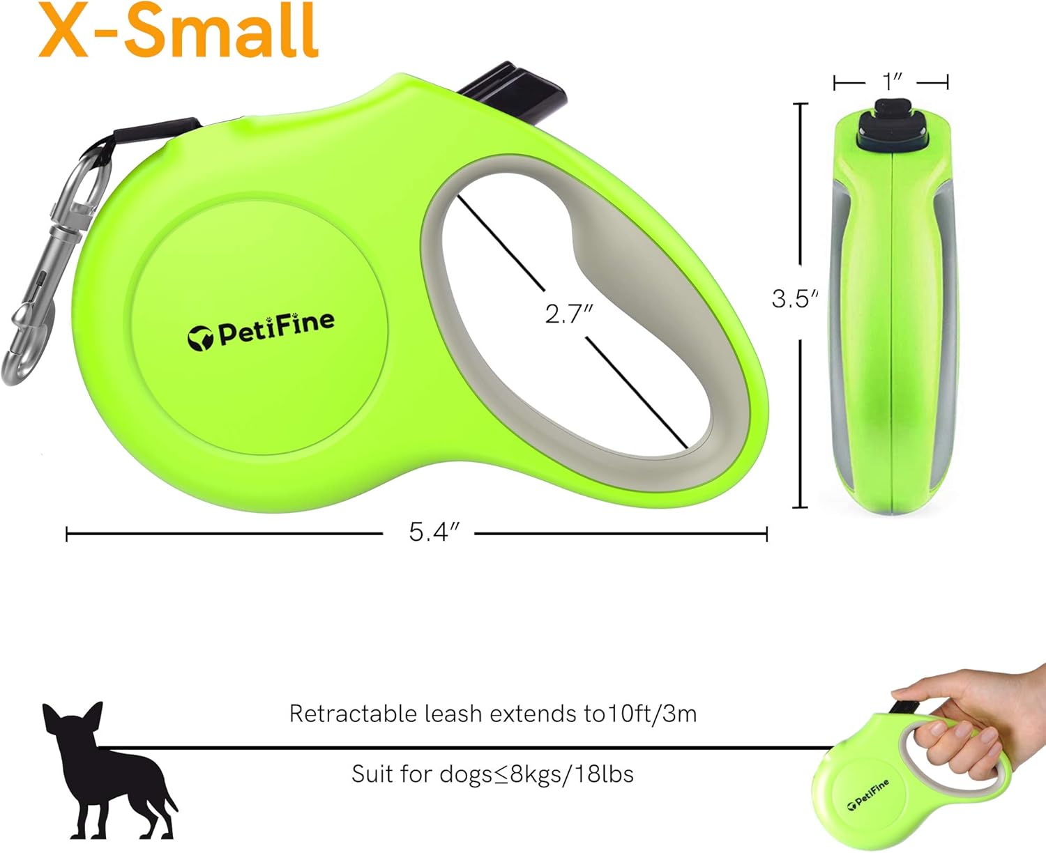 PetiFine Retractable Dog Leash with Dispenser and Poop Bags, 10ft Heavy Duty Reflective Walking Pet Leash for X-Small/Small/Medium/Large Breed Dogs or Cats up to 18 lbs, Tangle-Free（Green,New） : Pet Supplies