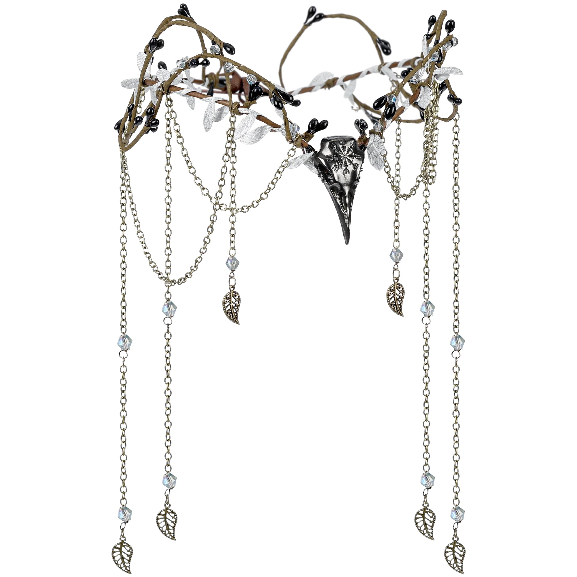 MOSTORY Witch Headdress for Medieval Costume Women, Black Silver Fairy Elf Crown with Tassel and Crow for Gothic Carnival Halloween Book Day May Day Cosplay Festival Hair Accessories