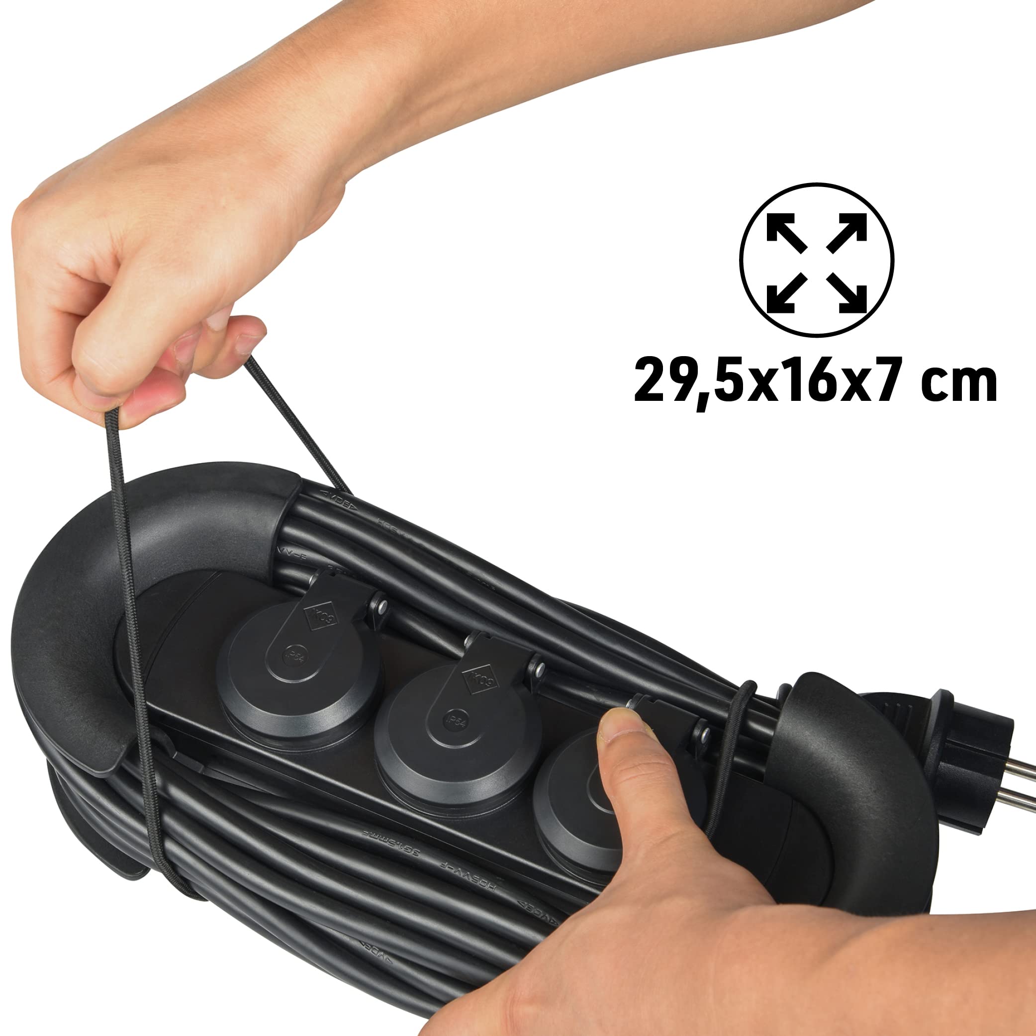 Electraline 62579 Professionelle Steckdosenleiste für den Außenbereich Kabeltrommel mit 10 Meter Verlängerung, 3 Schukosteckdosen mit Kappe, Schuko-Stecker, aufhängbar mit Haken, IP44