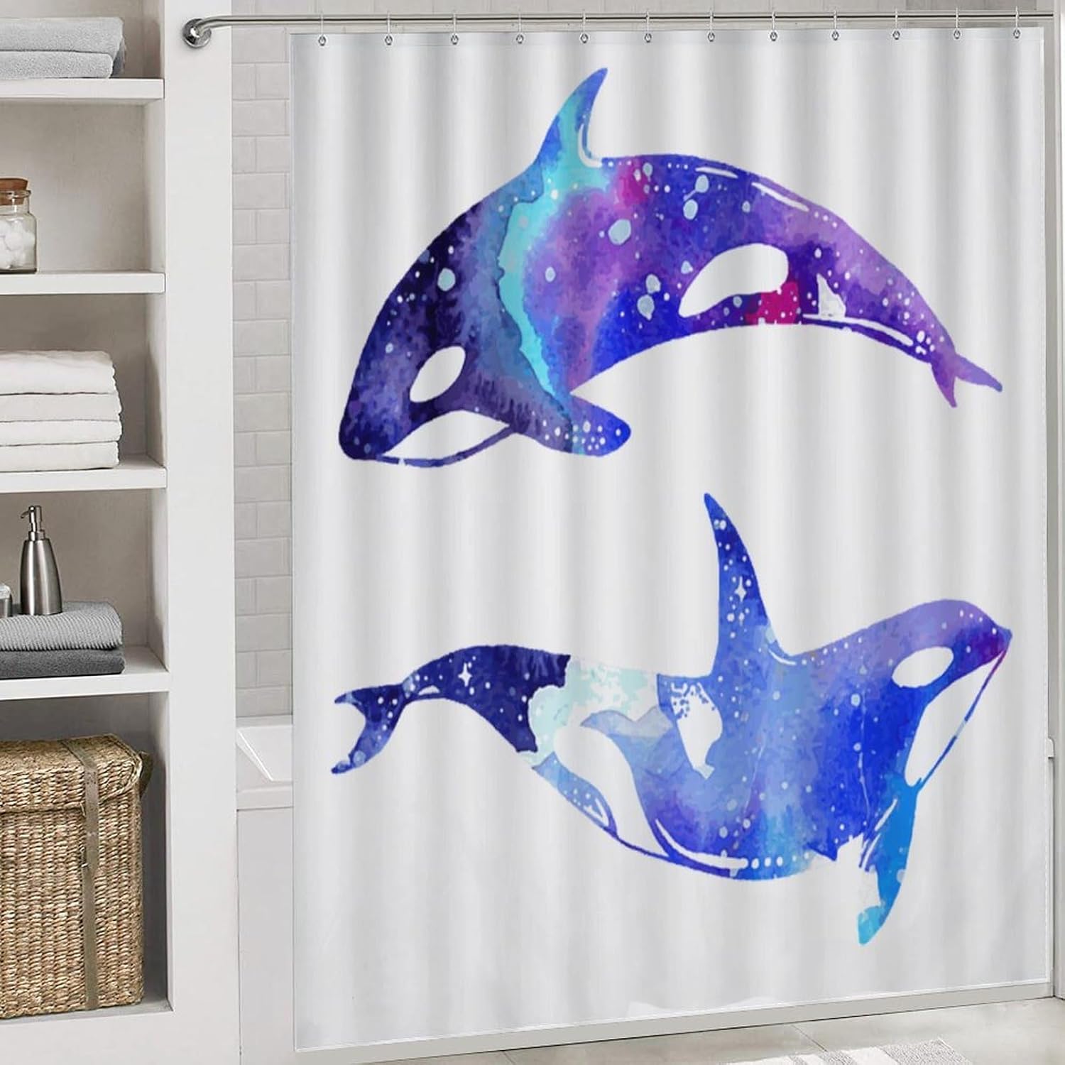 Orca Killer Whale Shower Curtain Set 4 Piece, Non-Slip Bath Mat with Toilet Lid Cover and Waterproof Shower Curtain with 12 Hooks, Complete Bathroom Set for Home Decor