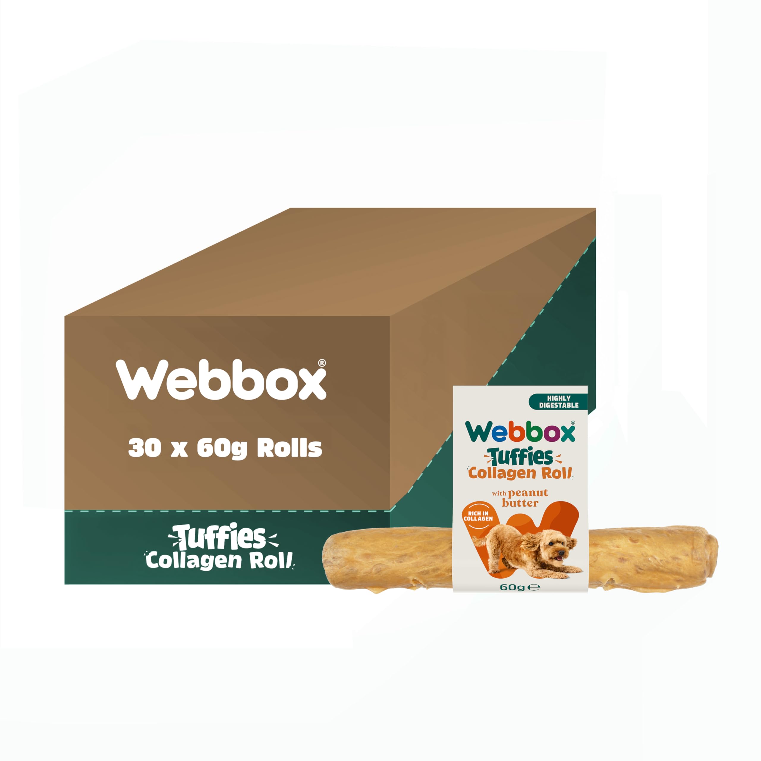 Webbox Tuffies Collagen Roll Dog Treats, Peanut Butter - Supports Joint & Skin Health, Highly Digestible Healthy Treat (30 x 60g Rolls)