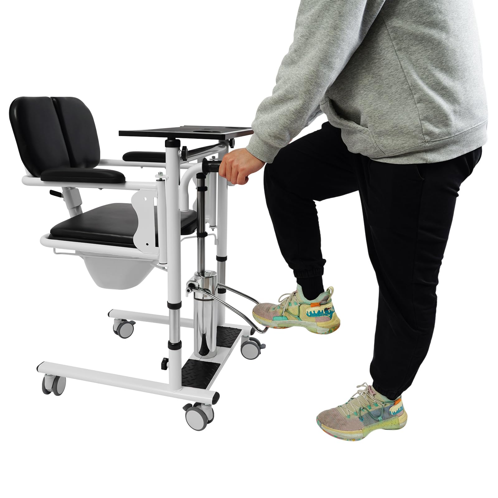 RABEEXP Patient Lift Transfer Chair bis 150 KG/330 LBS - 180° Split Seat - Bathroom Shower Chair with Soft Backrest and Commode - Transport Wheelchair for Elderly and Disabled