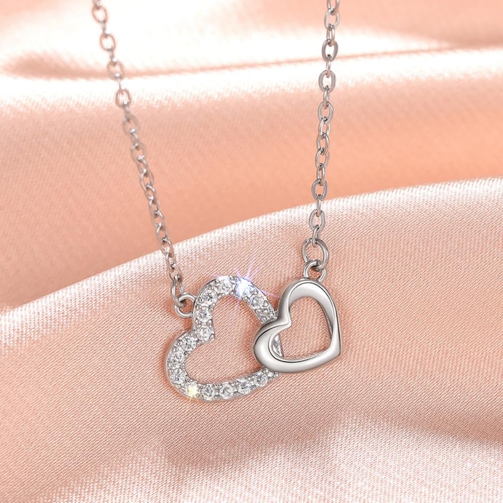 Romantic Double Heart Pendant Necklace with Shiny Zirconia Chic Jewelry Gift