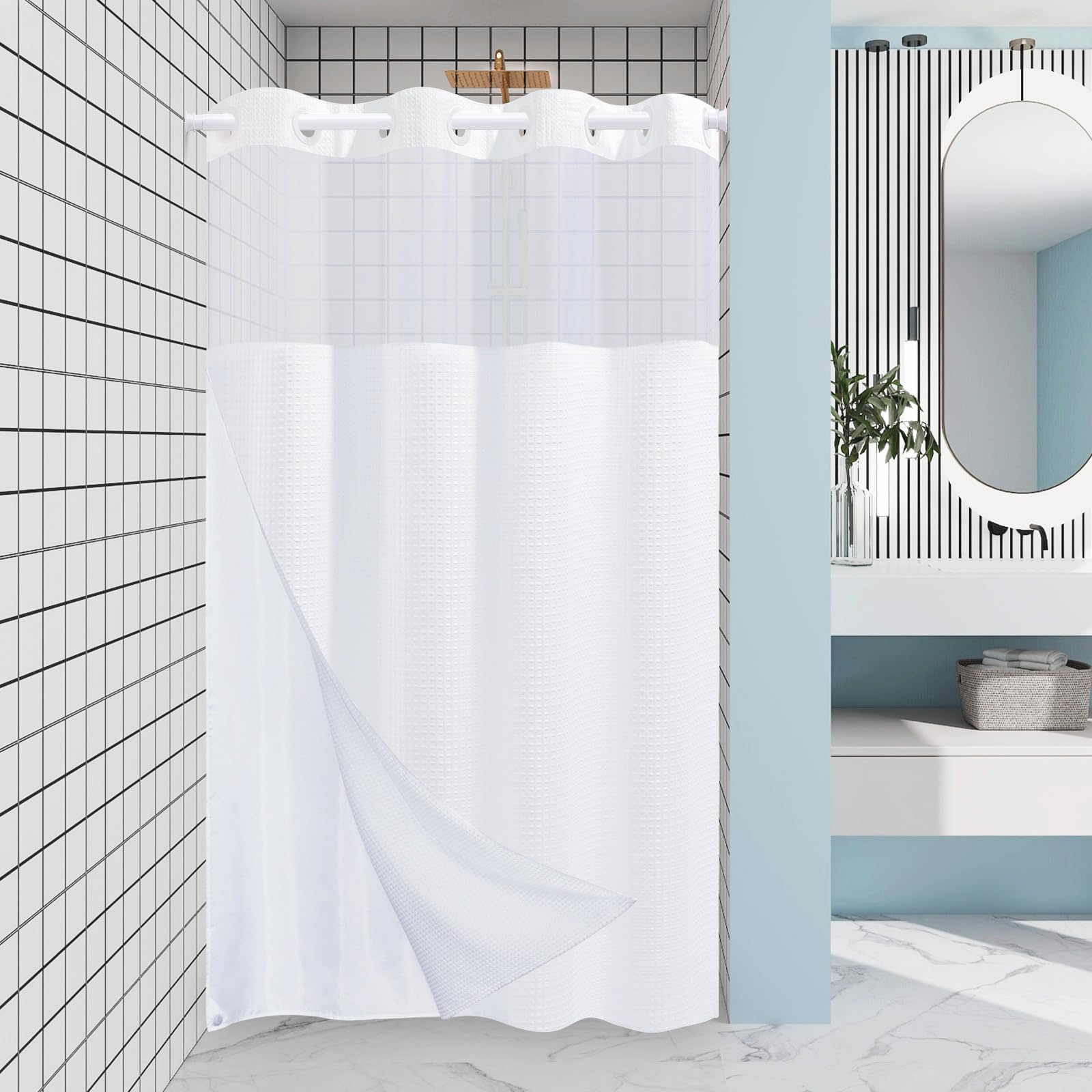 No Hook Waffle Weave Shower Curtain With Snap-in Liner – 71” X 74” Hotel-Grade Waterproof Curtain For Bathroom (White) - View #3