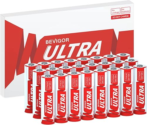 BEVIGOR Baterías de litio AA (paquete de 24), 1.5 V 3500 mAh baterías de litio dobles A de más larga duración, paquete de 24 unidades, potencia