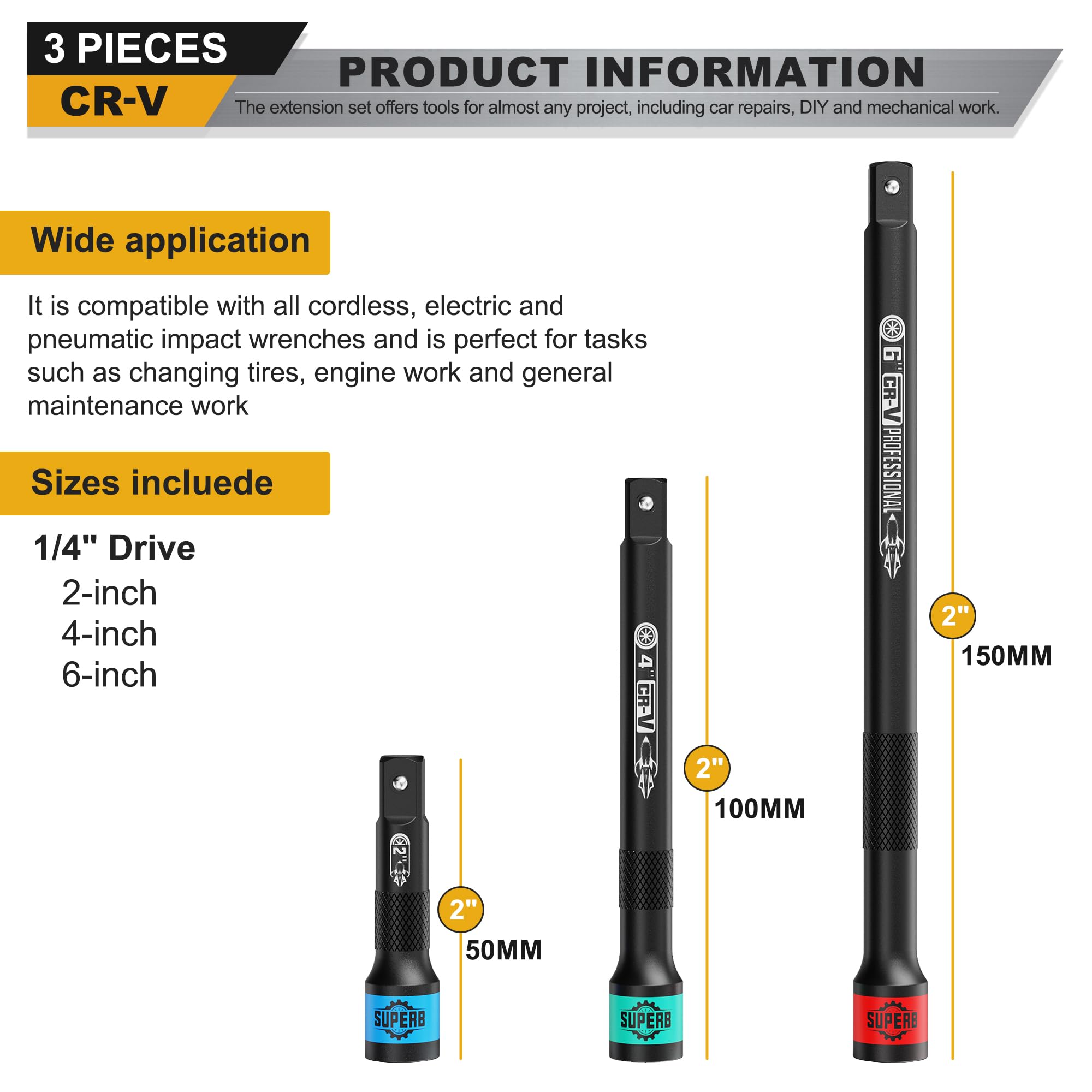 KIRXST 1/4" Impact Socket Extension Bar Set, 3 Piece Drive Extension Bar 50mm 100mm 150mm - Image 4