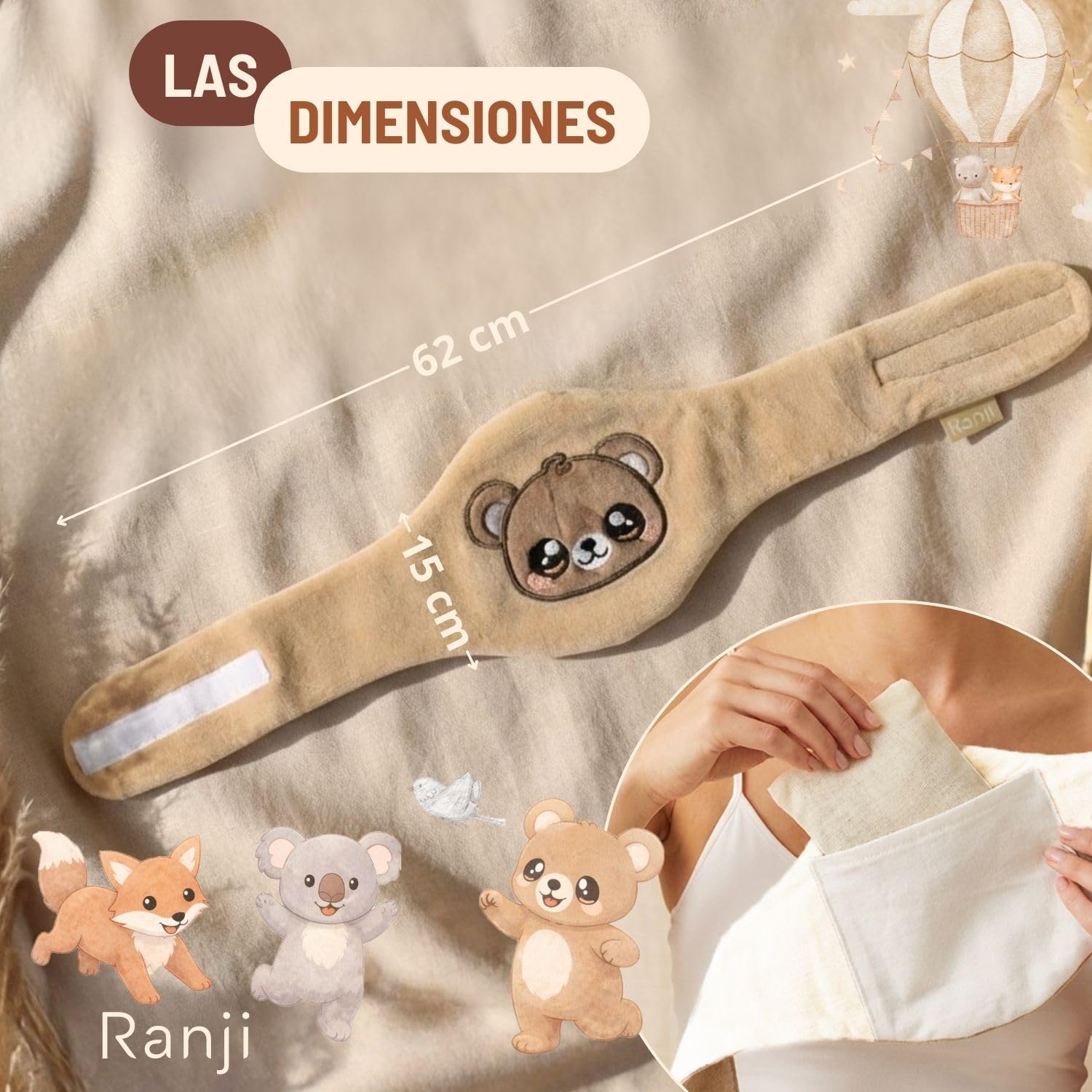 RANJI - Cinturón Anticólicos Bebé con Huesos de Cereza – Saquito de Semillas para Cólicos Bebé Recién Nacido, Algodón Orgánico GOTS & Certificación OEKO-TEX, Apto Microondas (Osito)