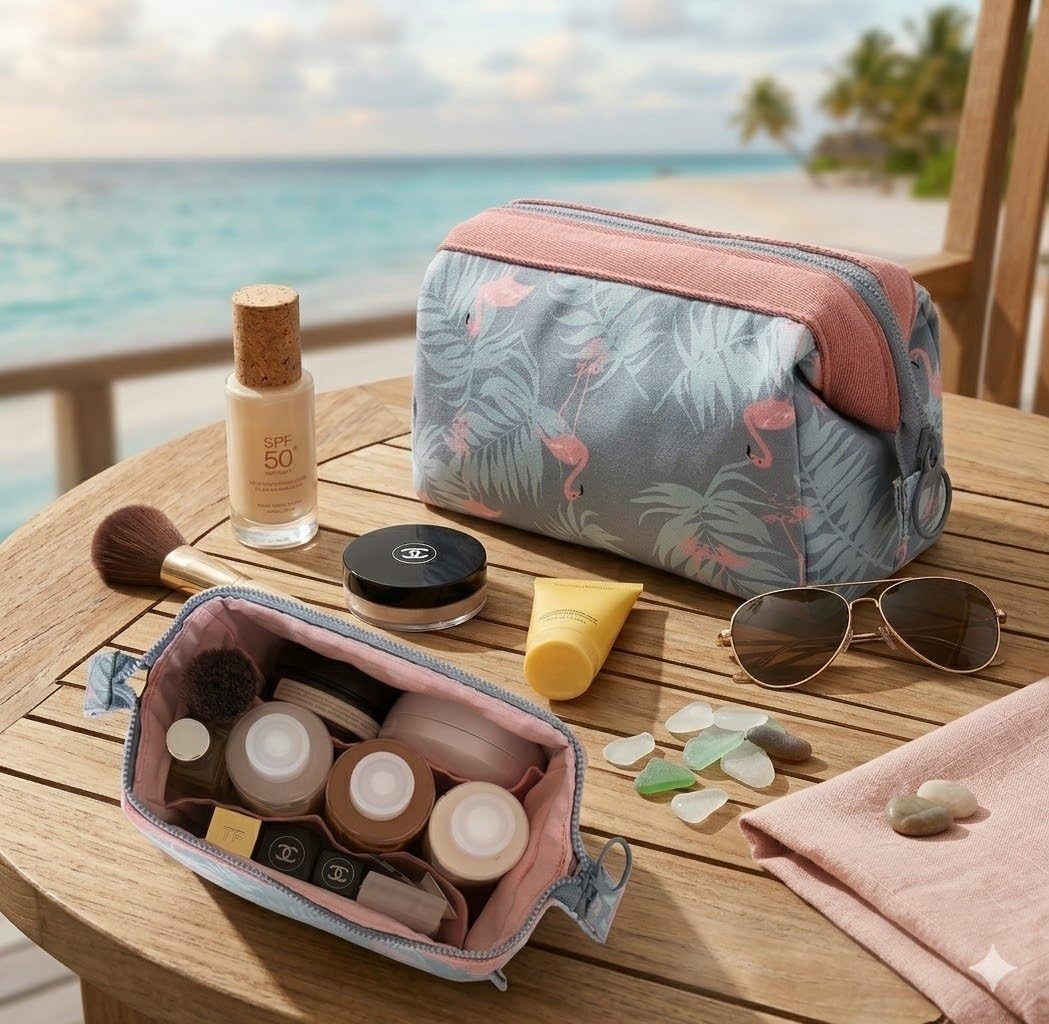 Cosmetic Toiletry Makeup Pouch with Portable Travel Multipurpose Water-Resistant Zipper Makeup Brush Bags - Flamingo RSPF-8-image-2