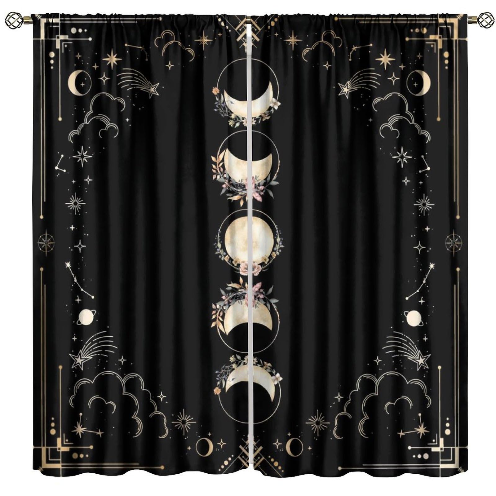 Moon Phase Curtains, Vintage Boho Floral Minimal Baroque Black Golden Geometric Galaxy Star Planet Pattern Window Treatments, Blackout Rod Pocket Drapes For Living Room Bedroom Bathroom 42x45in
