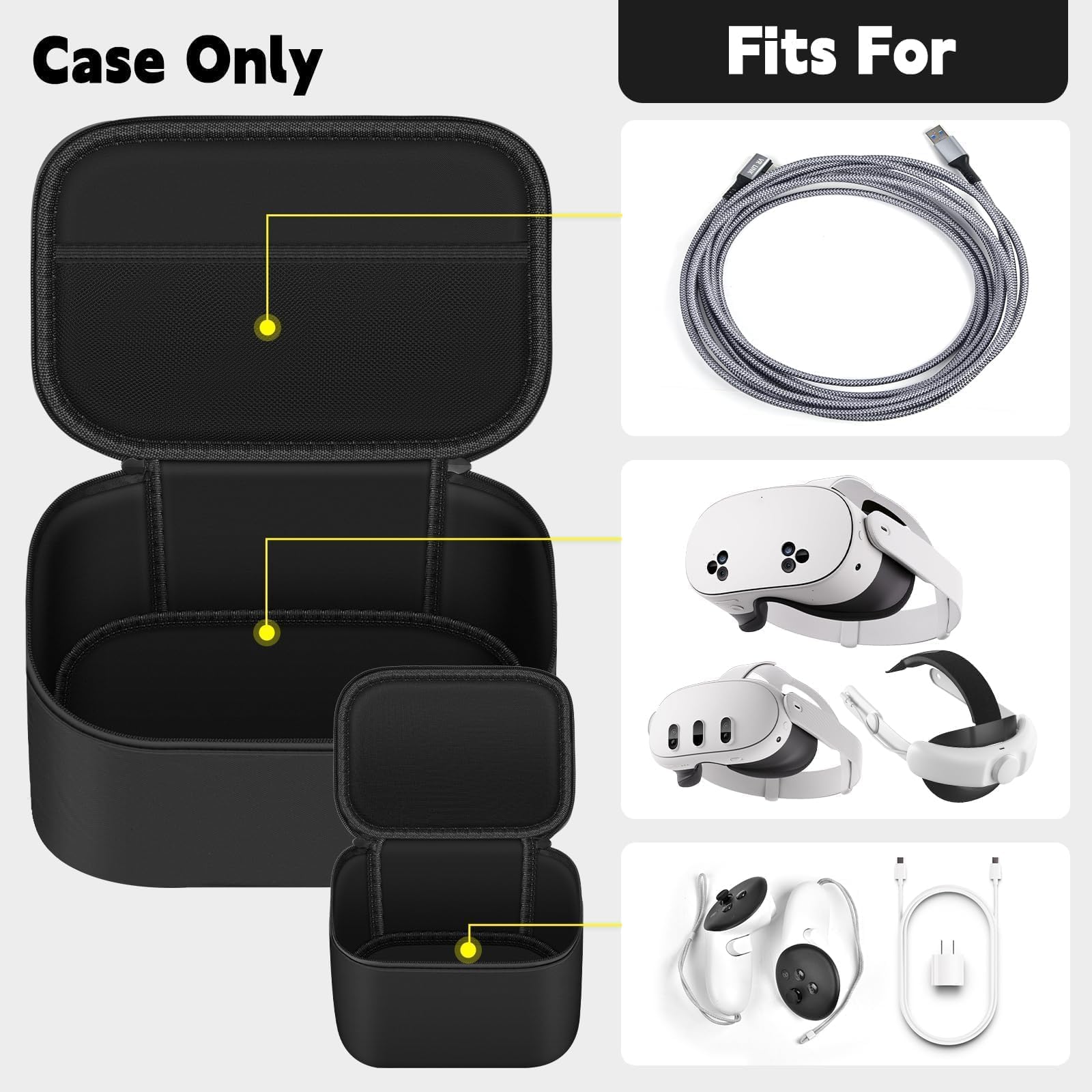Custodie compatibili con cuffie Meta Quest 3 2/Quest 3S VR, cuffie per realtà virtuale, supporti da viaggio per trasporto Elite, per controller Touch Pro, cavo di collegamento, accessori per batterie