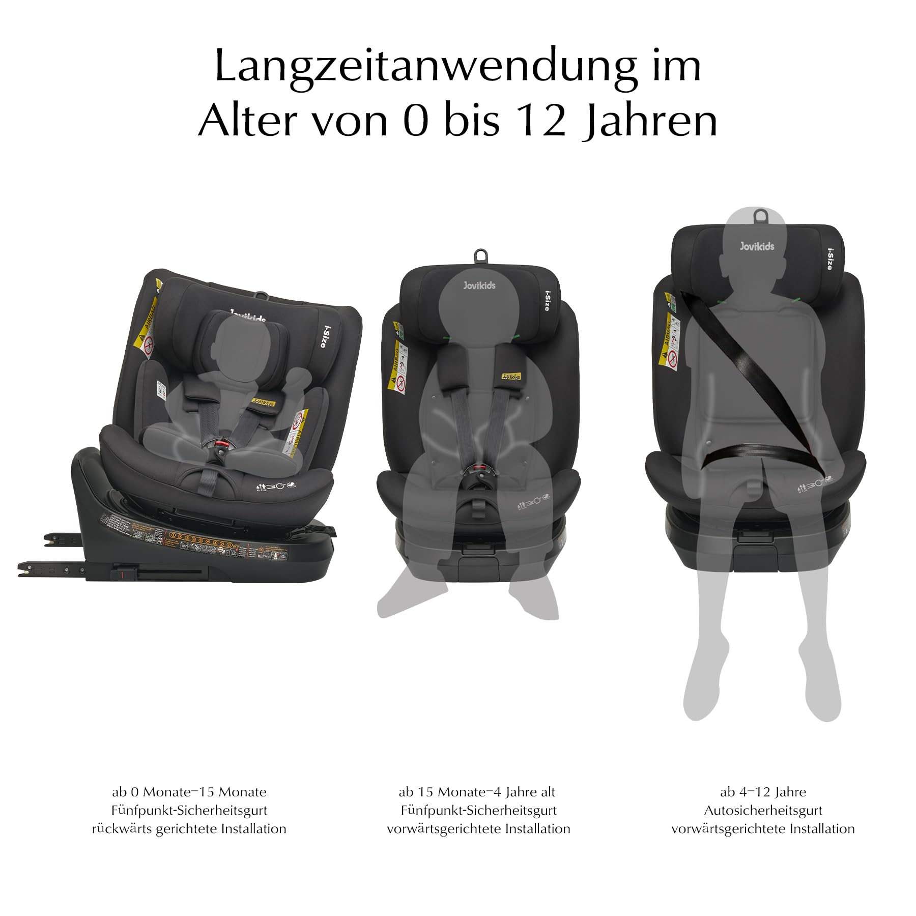 Jovikids 360° Drehbar Kindersitz mit ISOFIX und Ruheposition, i-Size(ECE R129) 40-150cm(0-36kg) Reboarder Baby Autositz, ab Geburt -12 Jahre (schwarz)