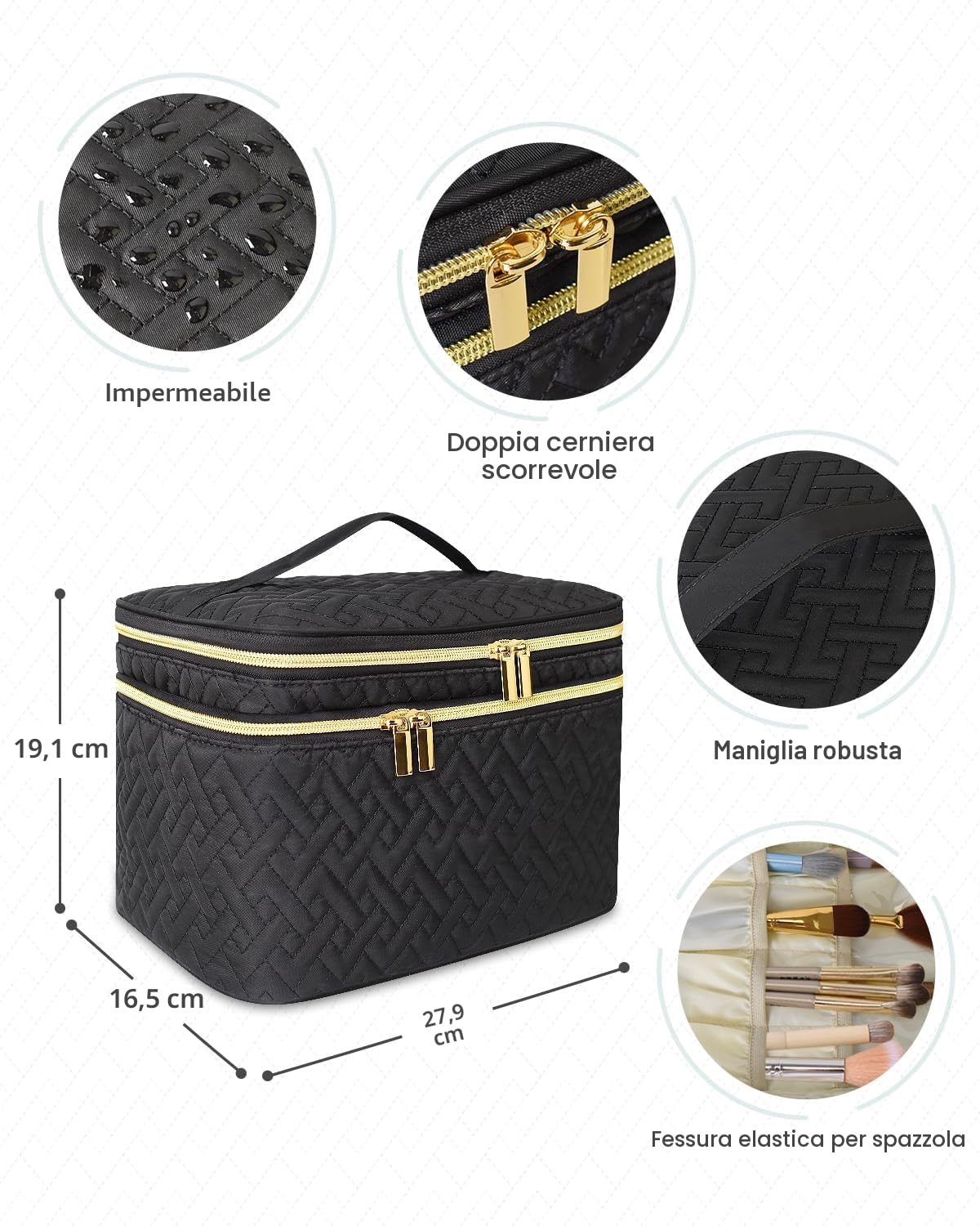 Beauty case organizer da donna, grande borsa per cosmetici a doppio strato con scomparto per pennelli, borsa da toeletta portatile e impermeabile, essenziale da viaggio, nero