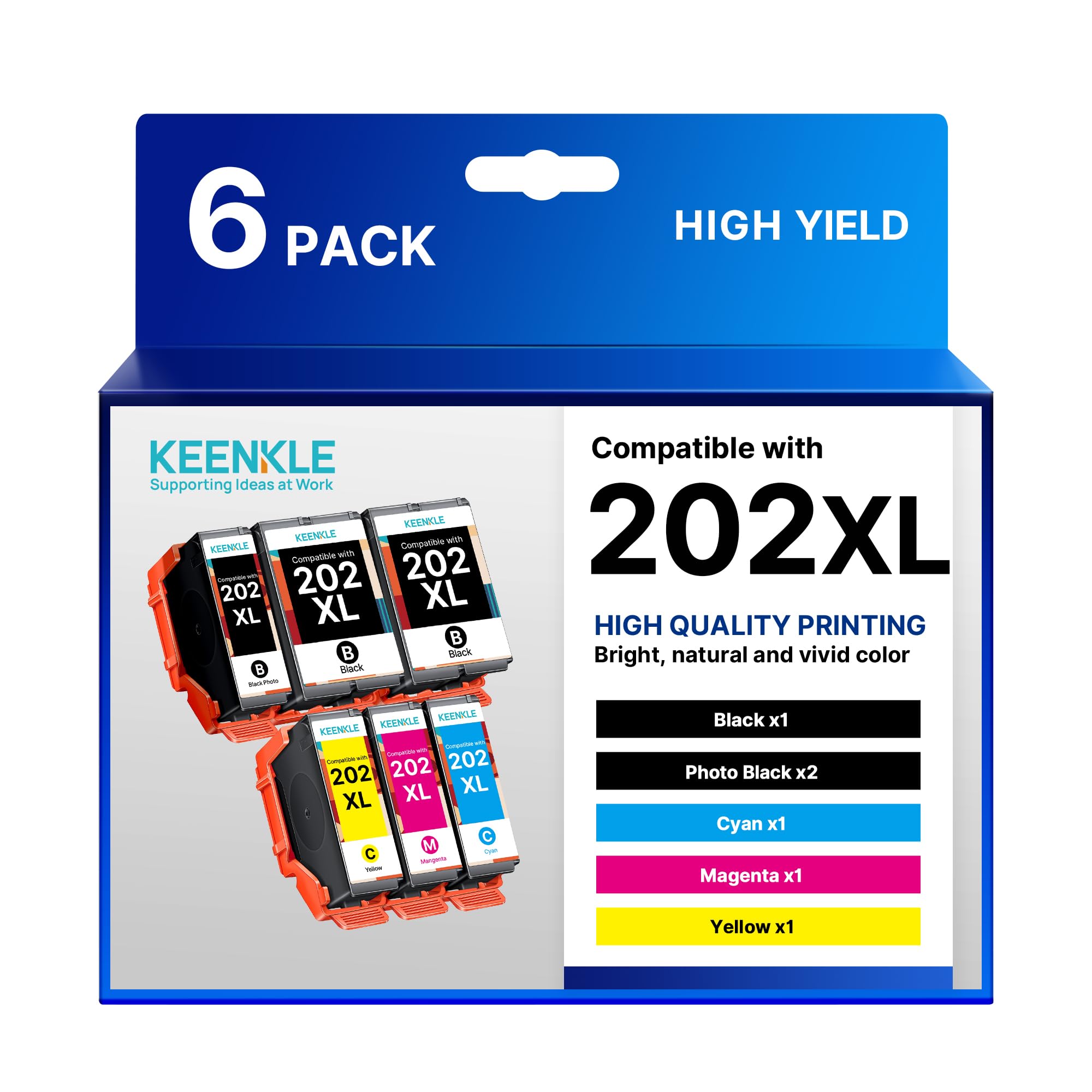 KEENKLE 6er-Pack 202XL Hochleistungs-Tintenpatronen Kompatibel für Epson 202 XL Multipack für Epson Expression Premium XP-6000 XP-6005 XP-6100 XP-6105 (XL Kapazität)