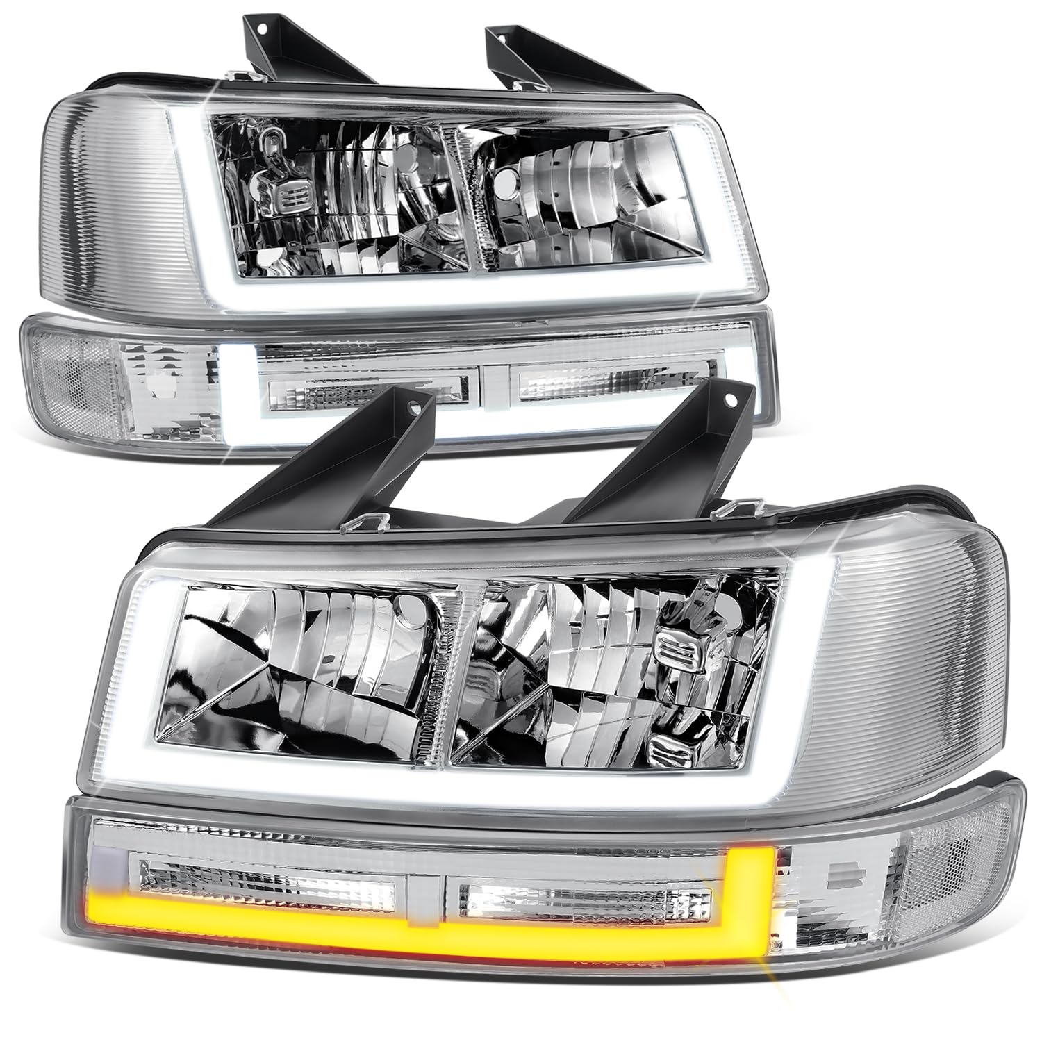 Auto Dynasty 4PCS Switchback U-LED DRL Composite Headlights Assembly & Bumper Lamps Compatible with Chevy Express GMC Savana 1500-4500 2003-2024, Driver & Passenger Side, Chrome Housing Clear Corner