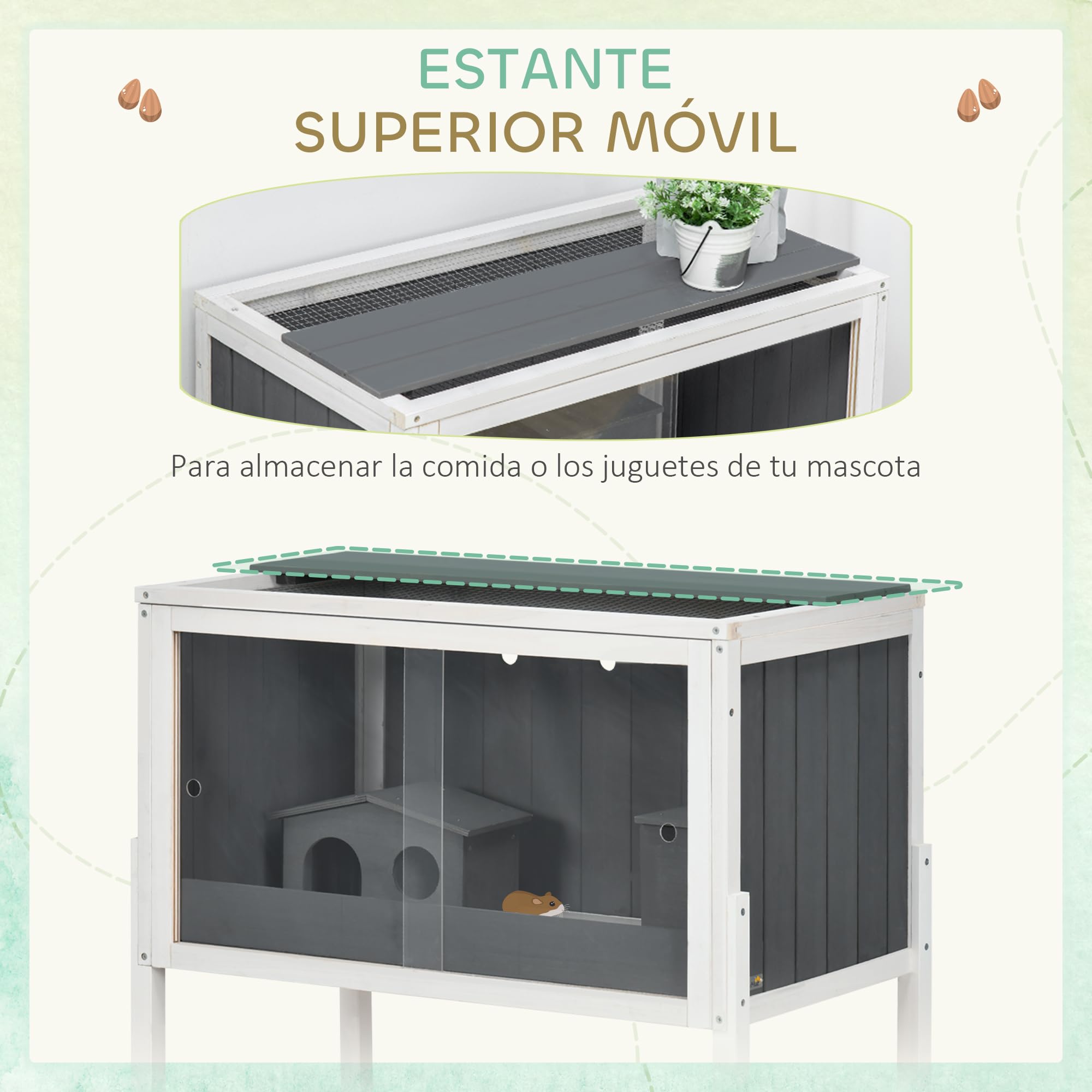 PawHut Jaula para Hámster de Madera 82x45x81 cm Casa para Roedores con Estante Desmontable 2 Puertas de Acrílico 2 Casitas para Animales Pequeños Gris Oscuro