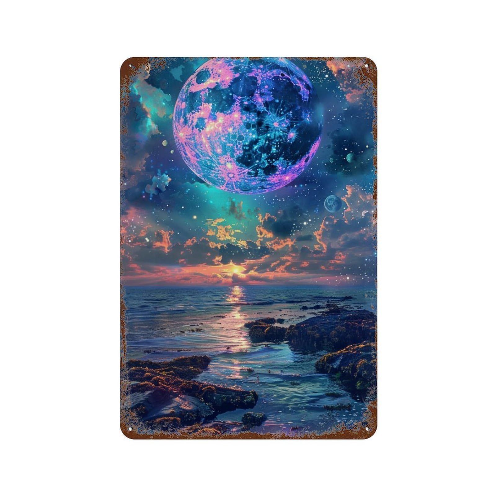 Fantasy Beach Sunset with Giant Moon 11.8"x7.9" Vintage Rust Metal Sign, Shabby Chic Decor for Cafe, Home Bar And Lounge Decor