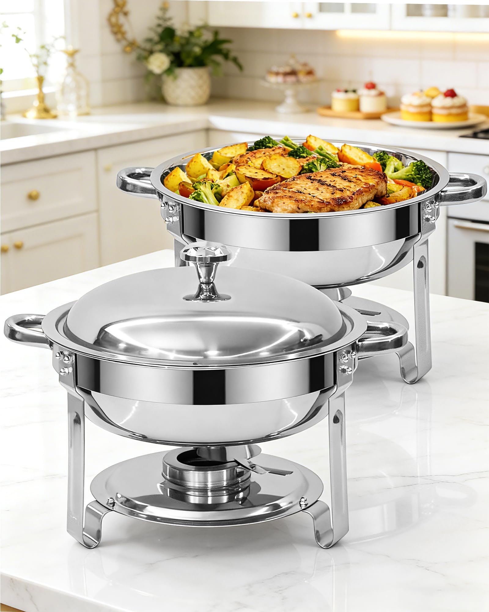 Speisenwärmer 6L Warmhaltebehälter Essen Edelstahl, Chafing Dish Buffet | 2PCS Runder warmhalteplatte grillgut für Partys Geburtstage Feiertage Kirchenveranstaltungen, Silber
