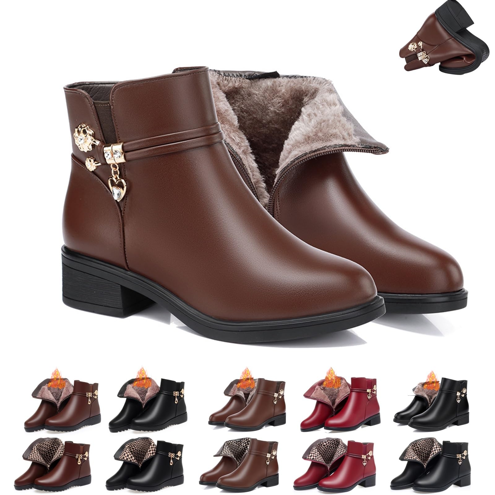 Womens Genuine Leather Wool Orthopedic Boots Warm Wool Wedge Snow Boots for Fall Winter Leather Side Zipper Shiny