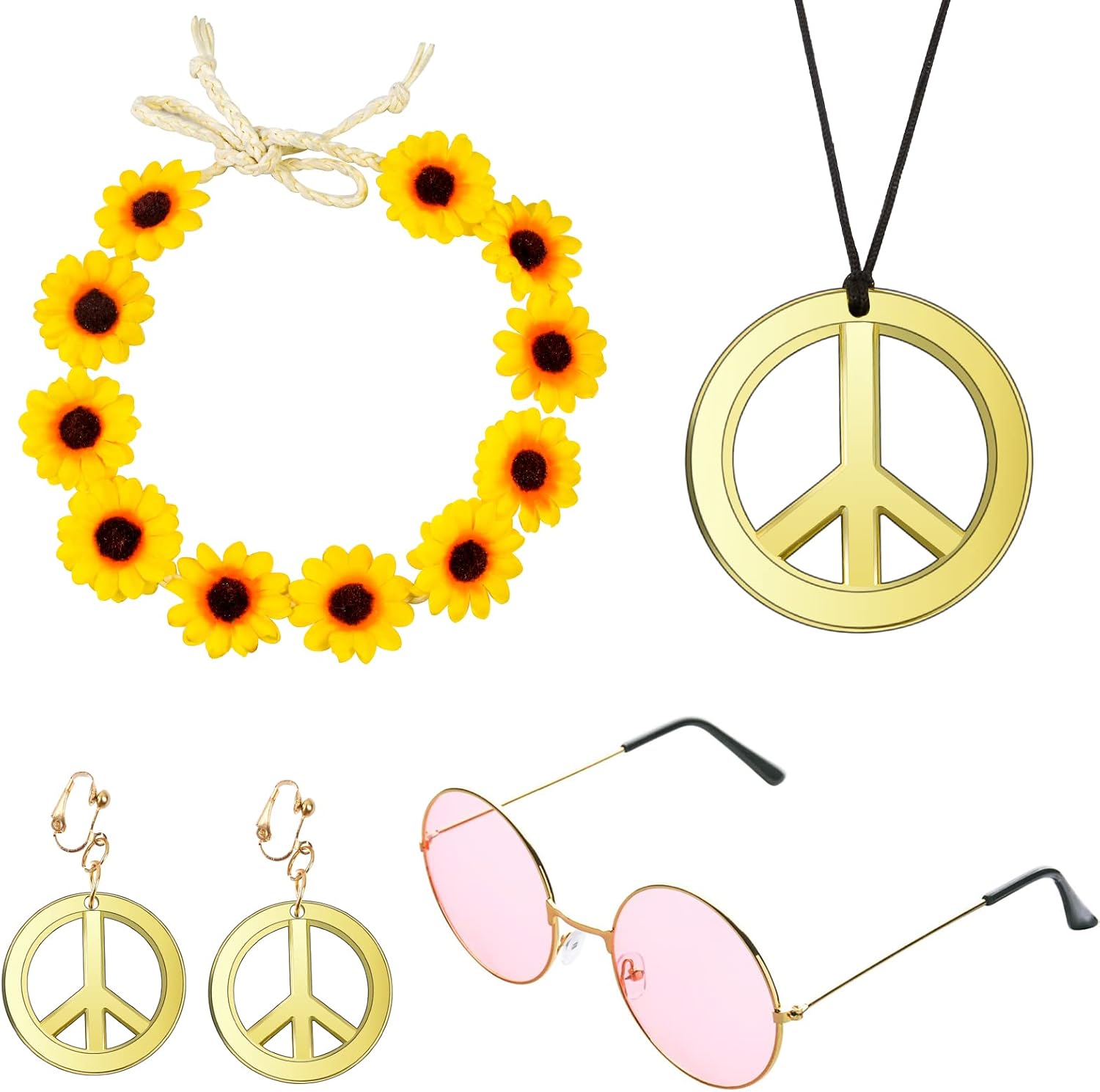 Hippie Kostüm Set – 5-teilig Mit Perücke, Ohrring, Sonnenbrille, Peace-Halskette, Batik-Stirnband, Für Karneval, Halloween, 80er/90er Partys