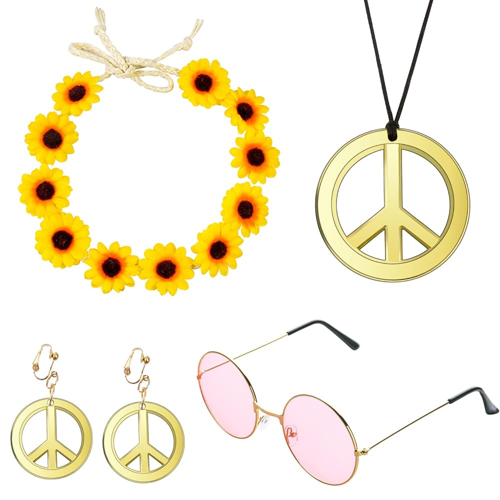 Hippie Kostüm Set 5-teilig - Sonnenbrille, Halskette, Ohrringe & Stirnband