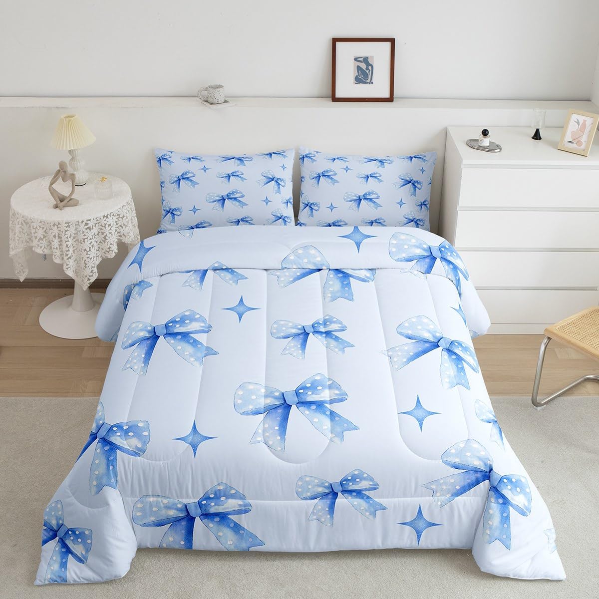 Feelyou Bow Bedding Set Full Size Kids Bowknot Duvet Quilt for Boys Girls Teens Blue Bow Comforter Set Kawaii Circle Room Decor