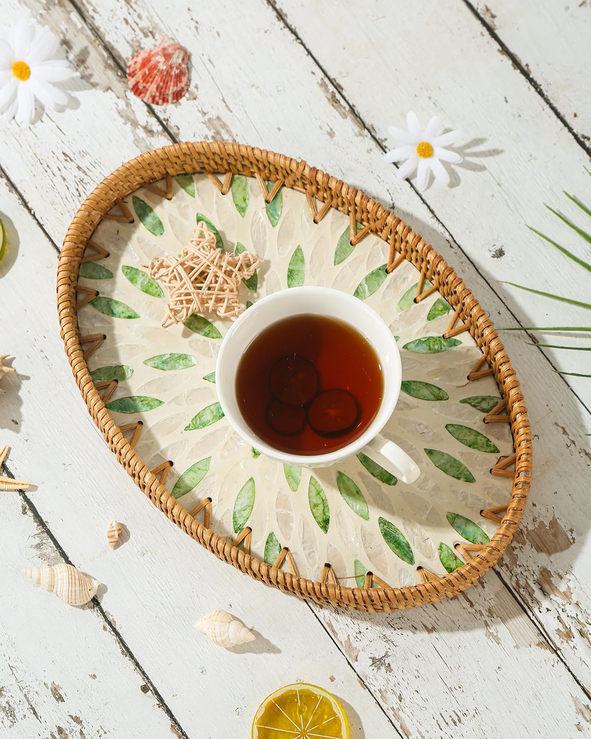 Rattan Serving Tray with Mother of Pearl Inlay for Home Decor and Coffee Table Decor Wicker and Woven Tray Oval Decorative Serving Tray