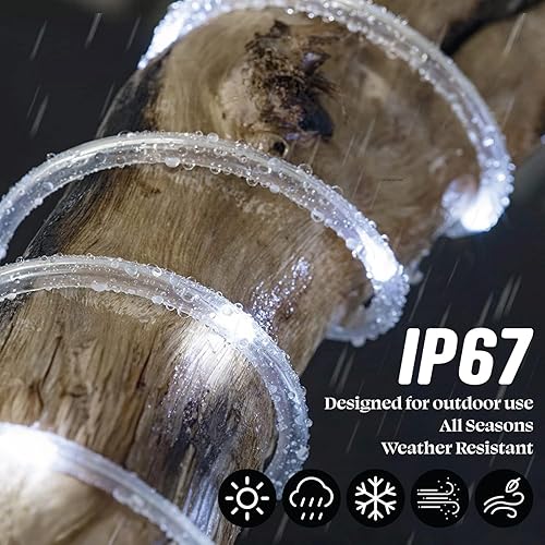 Miniatura 4 de WYZworks Cuerda de luz LED blanca fría de 150 pies, 8 modos de iluminación impermeable para exteriores con control remoto, tubo transparente