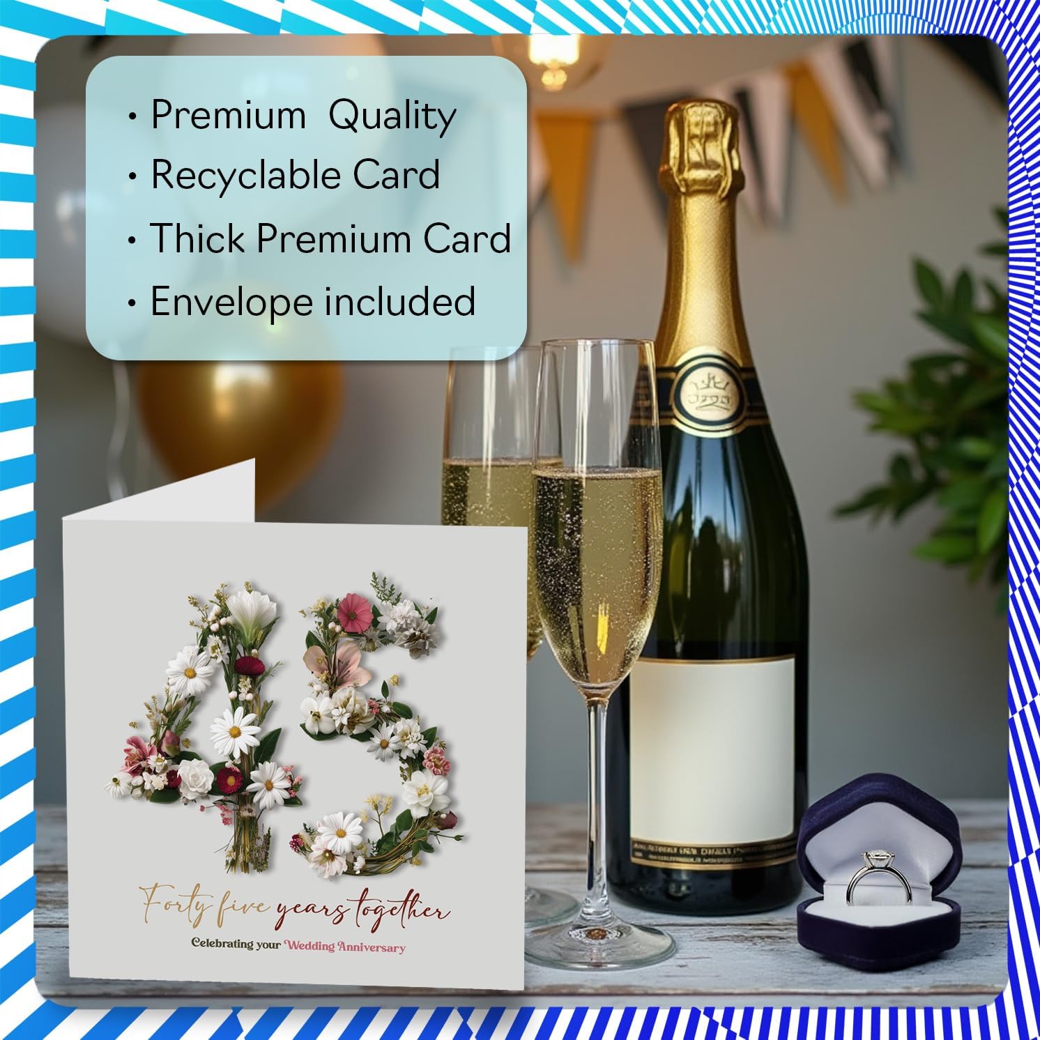 Stuff4 Romantic 45th Anniversary Card - Forty-five Years of Love - Elegant Floral Number Design with Pink and Green Blooms - 5.7 Inch Square, Envelope Included