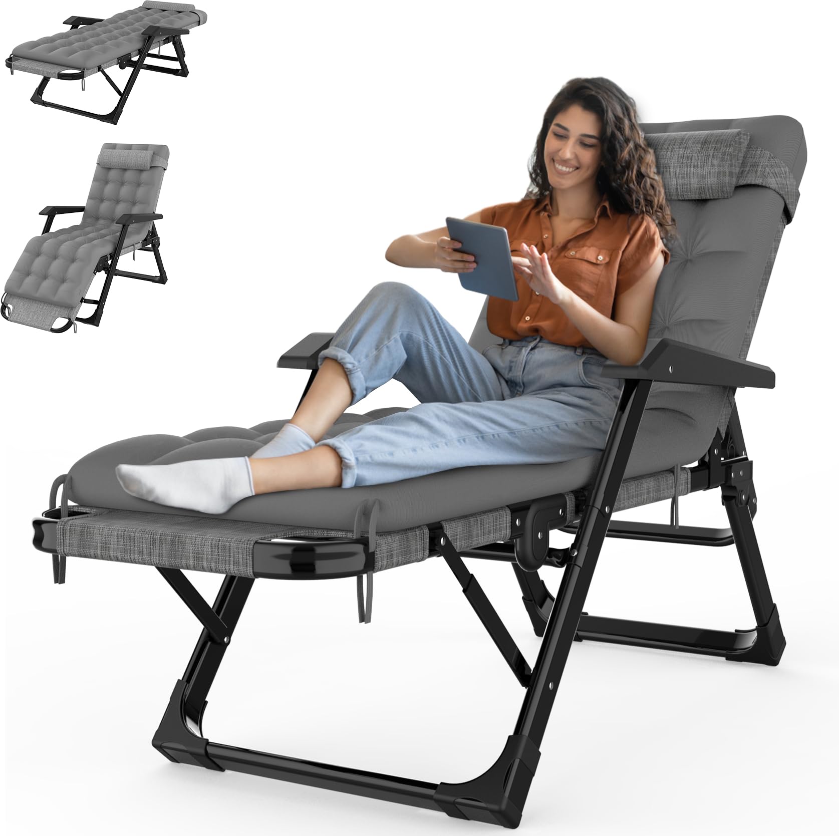 Suteck 3 in 1 Folding Camping Cot, 29In XL Adjustable 6+10 Positions Reclining Portable Outdoor Cot Sleeping Bed Cots w/Pillow Mat Carry Bag, Chaise Lounge Chair for Home Office Nap Beach Pool, Grey