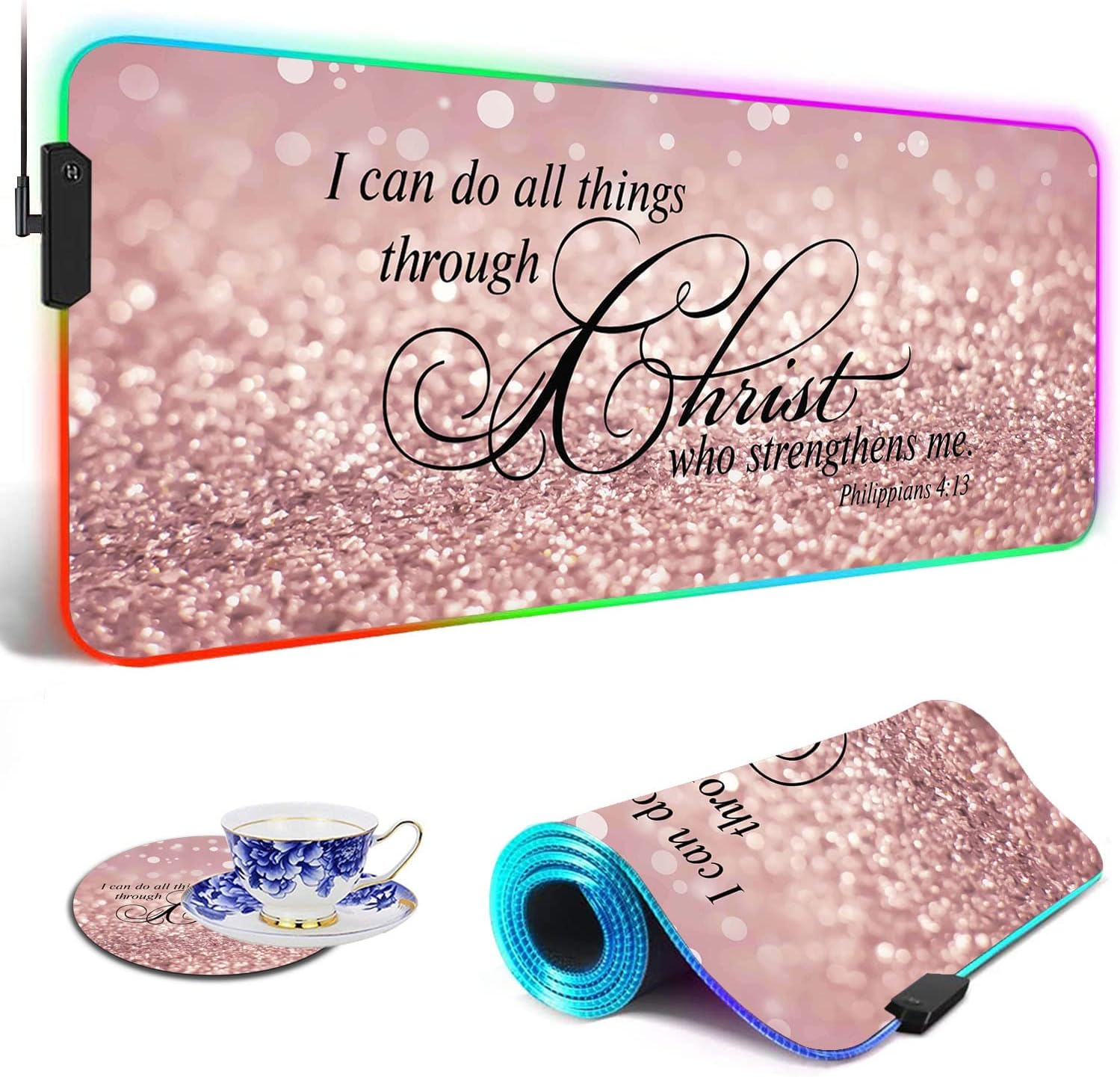 RGB Gaming Mouse Pad Large Mouse Pad Desk Mat Led Mouse Pad Light-up Mouse Pad, Large Keyboard Pad, Optical Waterproof Non-Slip, Great for Gamers, Philippians 4:13 Bible Verse Pink Glitter Design