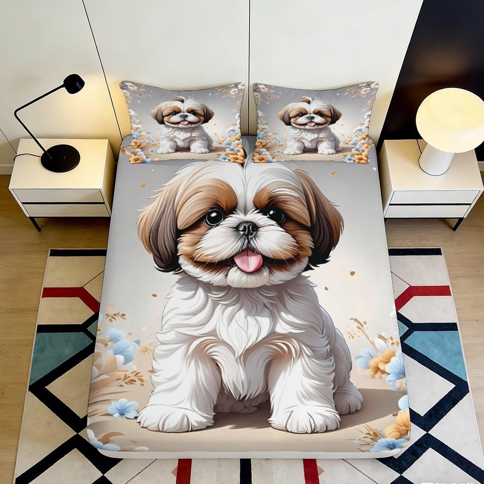 Jqzkxnhpbr Style-2 3D Printed Cute Shih Tzu Dog Fitted Sheet Microfiber Soft Non-Slip Cartoon Puppy Bed Cover For Bedroom Guest Room Decor 90X200x25cm
