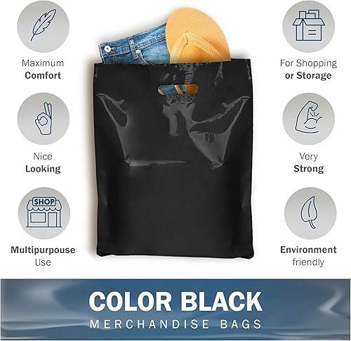 Miniatura 4 de Black Merchandise - Bolsas de plástico para compras, paquete de 200 unidades de 12 x 15 pulgadas con 1.5 mil de grosor, asas troqueladas, perfectas