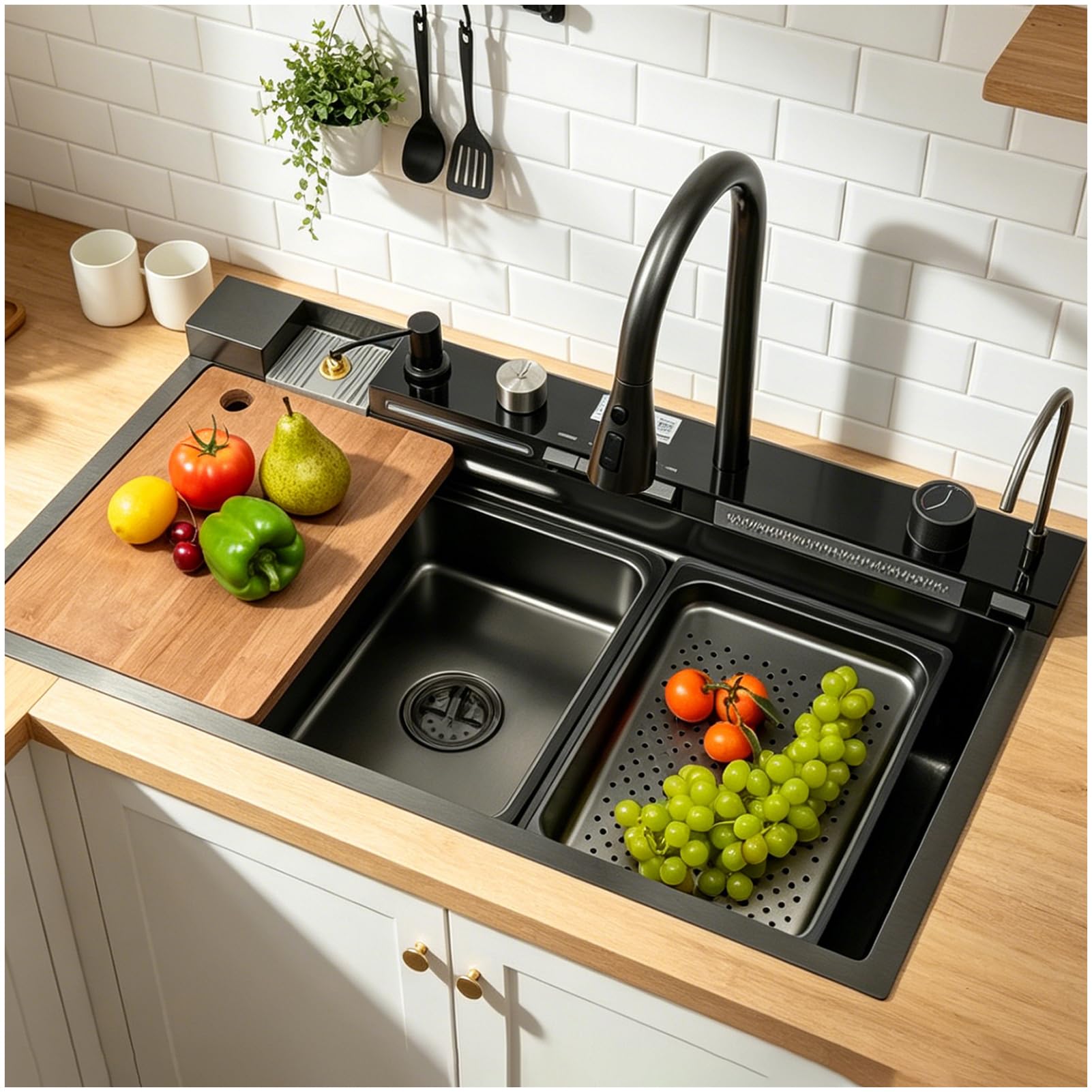 Lavello Da Cucina Inox 1 Vasca Multifunzionale Con Cascata – Stainless Steel Sink Con Set Accessori – Lavello Cucina Moderno Smart(Black-Grey,90x50cm)