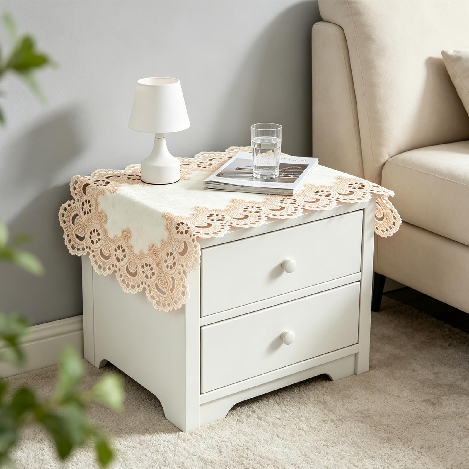 letsinstyle 15.7" x 31.5" Small Bedside Tablecloth, Embroidered Flower Lace Table Cloth Dustcover Covering Doilies, Nightstand Doily for Party Kitchen Dinning Picnic Decoration