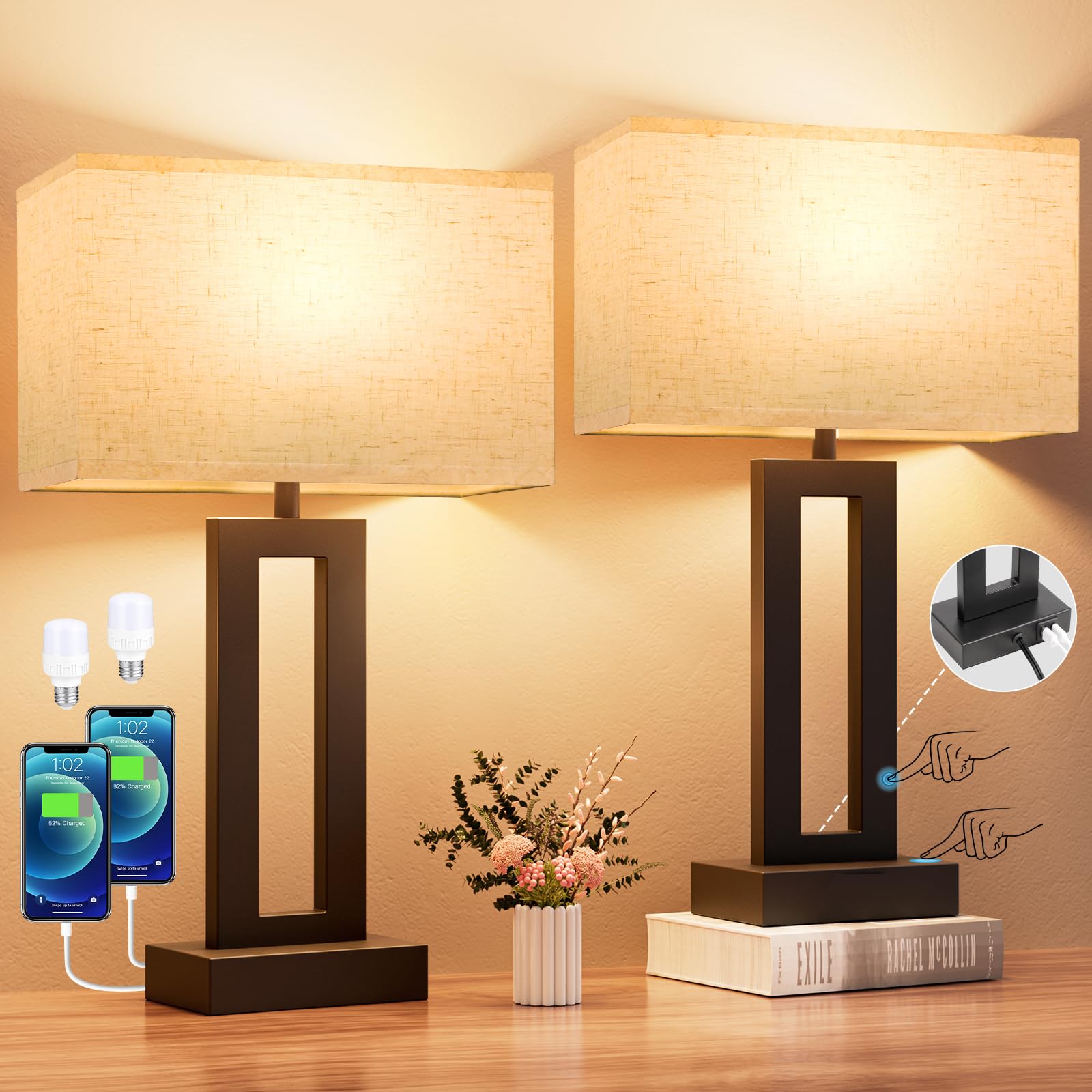 Nachttisch-Tischlampen für Schlafzimmer, Touch-Nachttischlampe mit USB C + A, 3-Wege-dimmbar, Wohnzimmerlampen für Beistelltische, 2er-Set, moderne Nachttischlampen für Bett, Seite, Gästezimmer