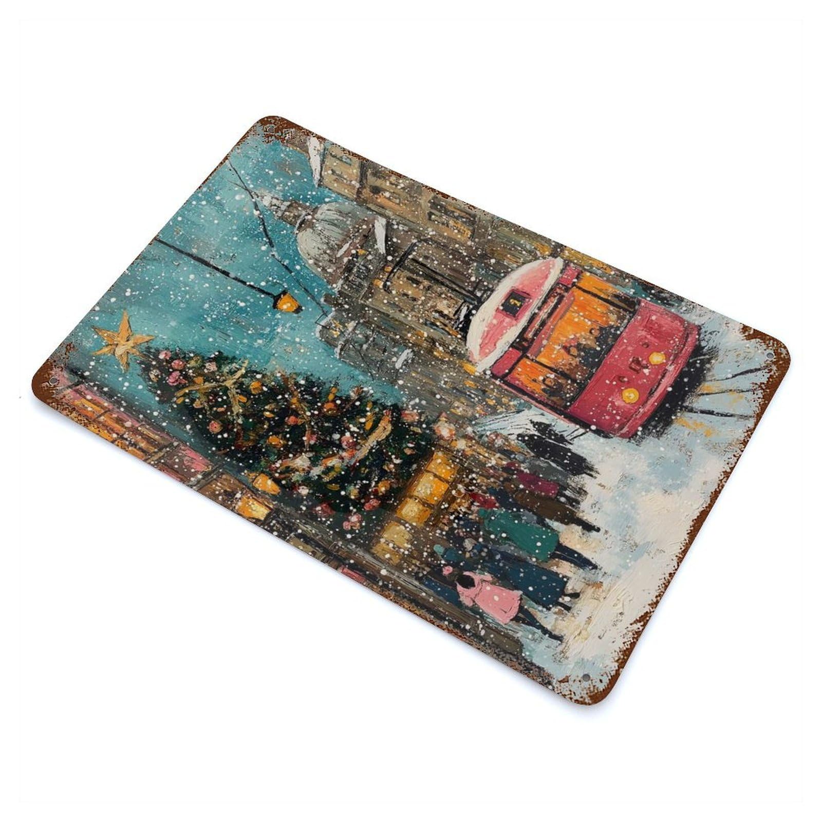 Snowy Christmas Street Scene Vintage Wall Sign 11.8"x7.9", Rust Effect Metal Decor for Cafe, Home Bar And Lounge Decor