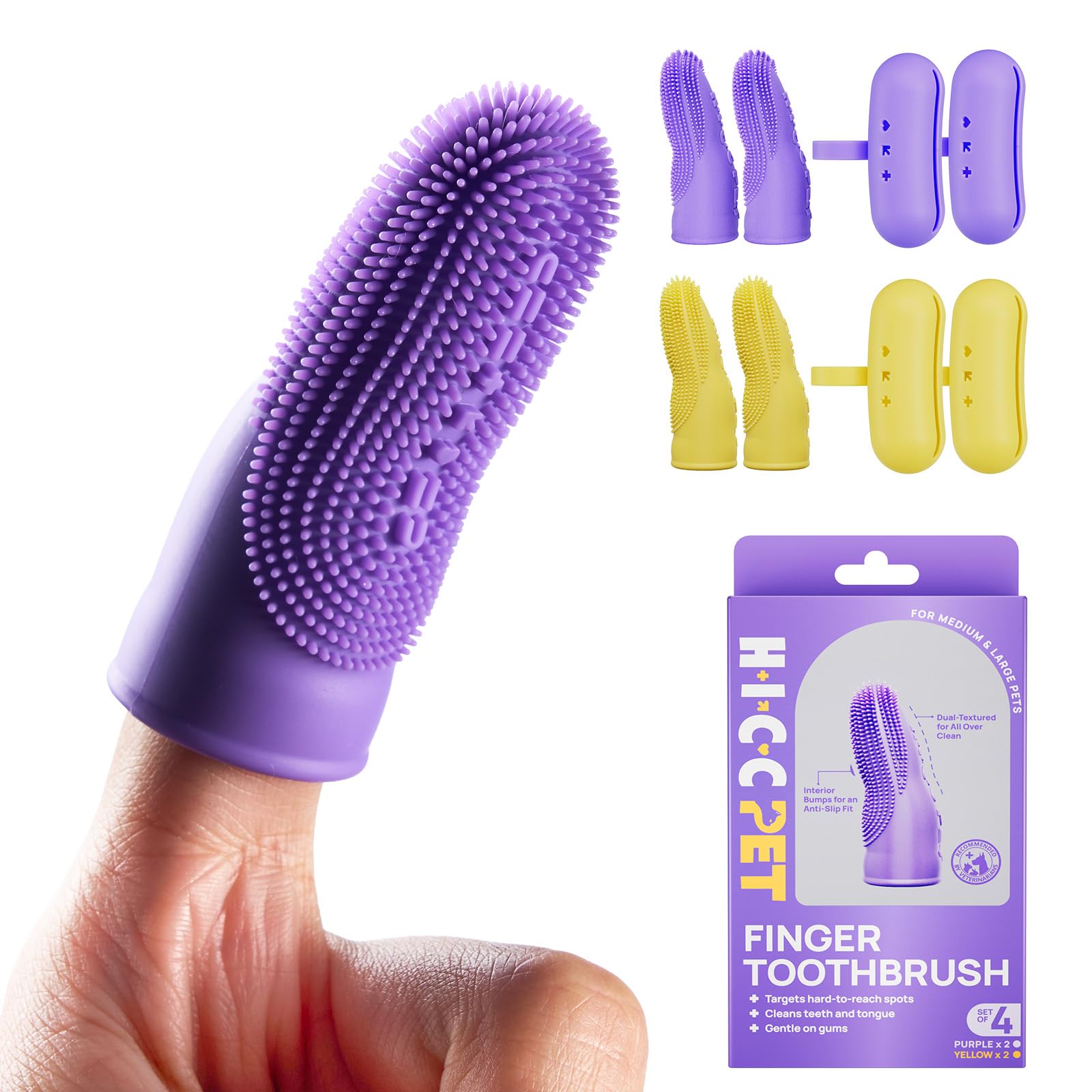HICC PET Dog Finger Toothbrush, Dual-Sided Soft Silicone, 4-Pack