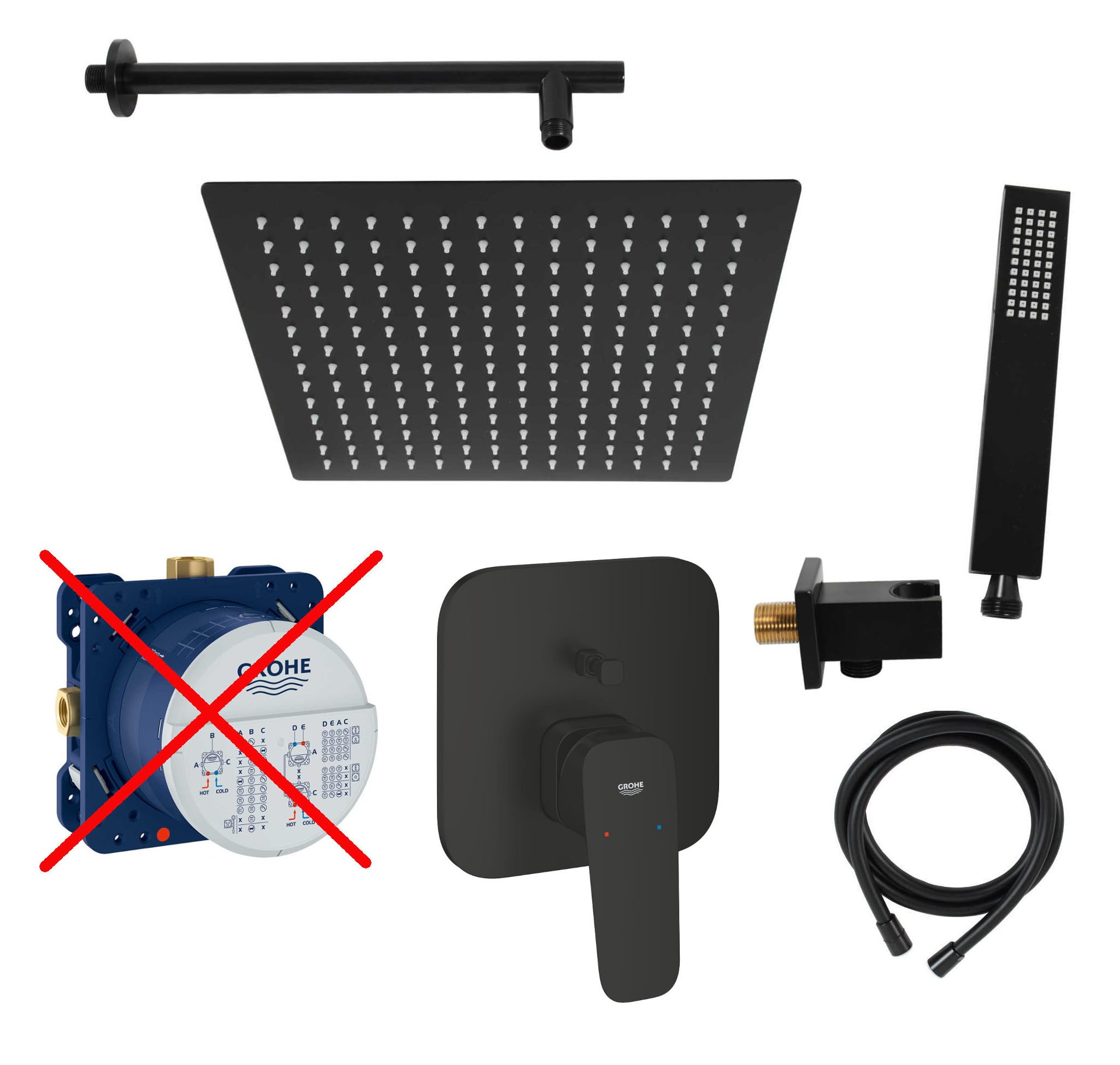 vanvilla Duschsystem mit Unterputz Duscharmatur von Grohe Cubeo Einhandmischer und vanvilla Regendusche mit Armatur, Duschkopf, Dusch-SET GS21-ob schwarz matt