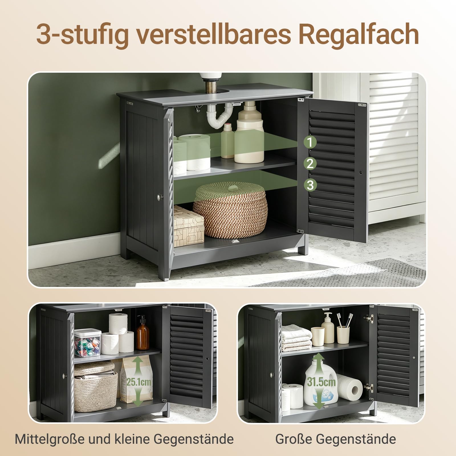 SoBuy Waschbeckenunterschrank, Badschrank mit verstellbaren Regalböden, Badmöbel aus MDF, Unterschrank für Badezimmer, Anti-Schimmel Lamellentür, Dunkelgrau, 60x58x35cm, FRG237-DG