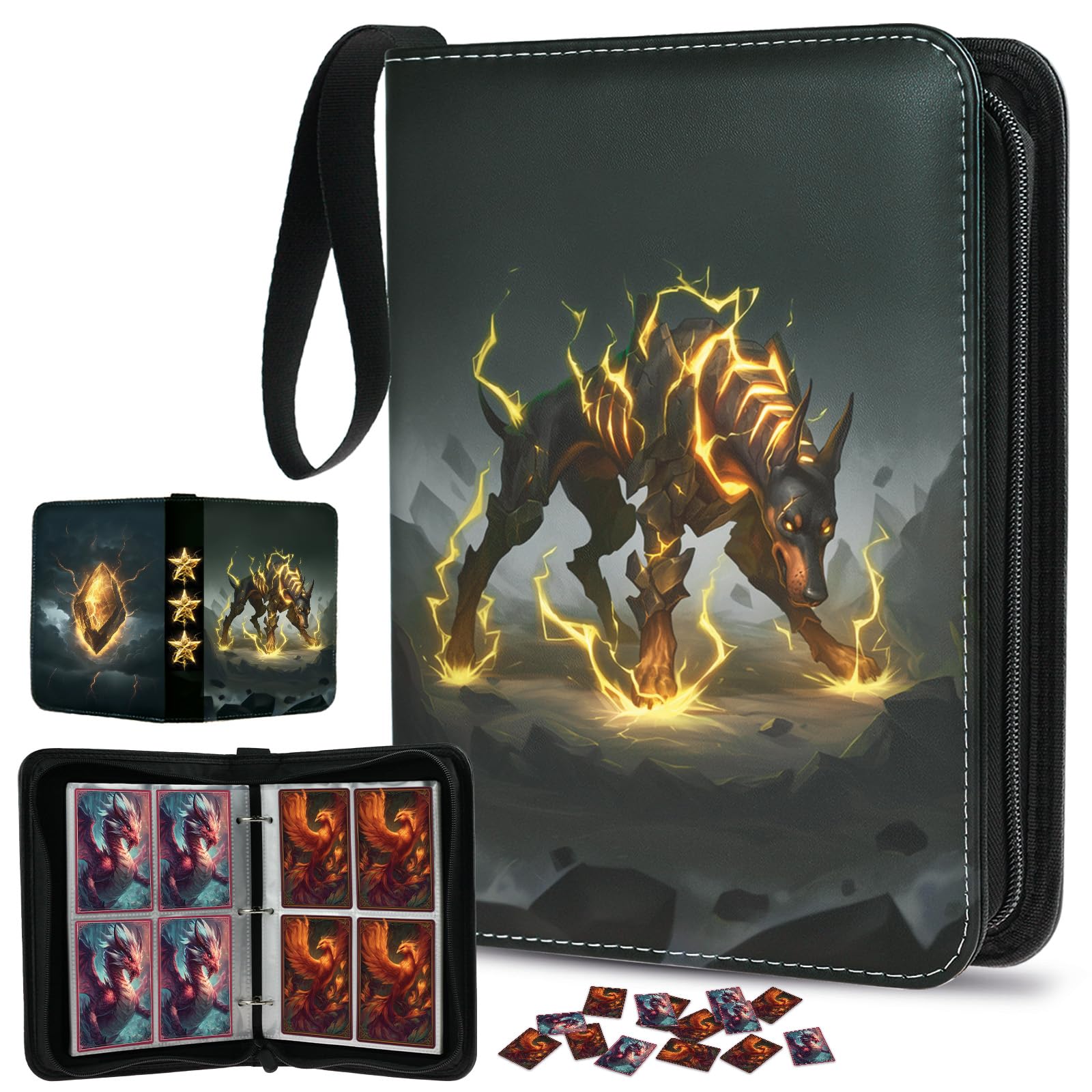 4 Pocket Card Binder, Trading Card Binder Fits 400 Cards with 50 Removable Sleeves, Portable Zipper Card Holder Collection Album for Game Sports Cards, Collectors Boys Girls Gift (Thunderbolt)