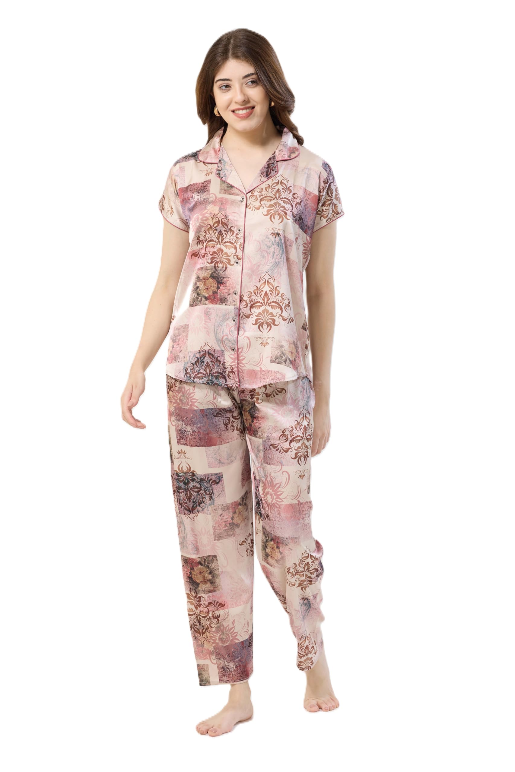 kattly Womens Short Sleeve Sleepwear Top with Pants Super-Soft Printed Night Suit, Night Dress for Woman, Satin Night Suit-picture-50