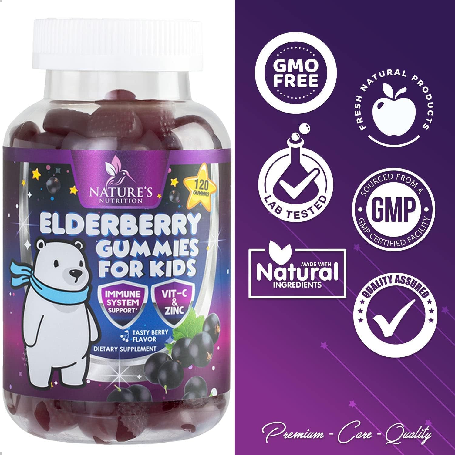 Sambucus Elderberry Gummies for Kids with Vitamin C and Zinc, Daily Immune Support Gummy Vitamins, Chewable Childrens Elderberry Supplement, Nature's Black Elderberries, Berry Flavor - 120 Gummies