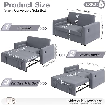 2 Seater Sofa Bed, 3-in-1 Convertible Linen Sleeper Double Sofa Bed with Storage Pockets, USB & Type-C Ports and 3-Position Adjustable Backrest, Pull Out Couch Bed for Living Room, Bedroom, Dark Grey