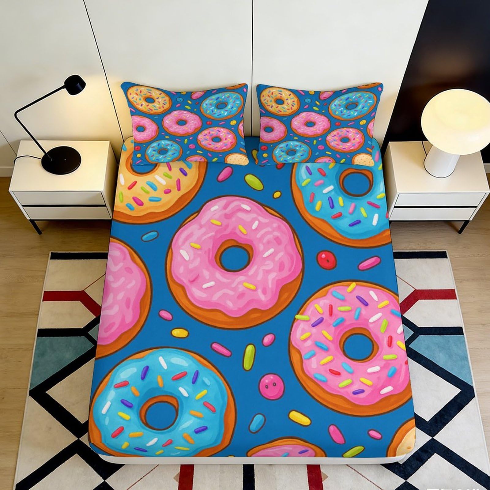 Jqzkxnhpbr Style-2 3D Printed Colorful Donut Fitted Sheet Microfiber Soft Breathable Cartoon Dessert Bed Cover For Bedroom Guest Room 90X200x25cm