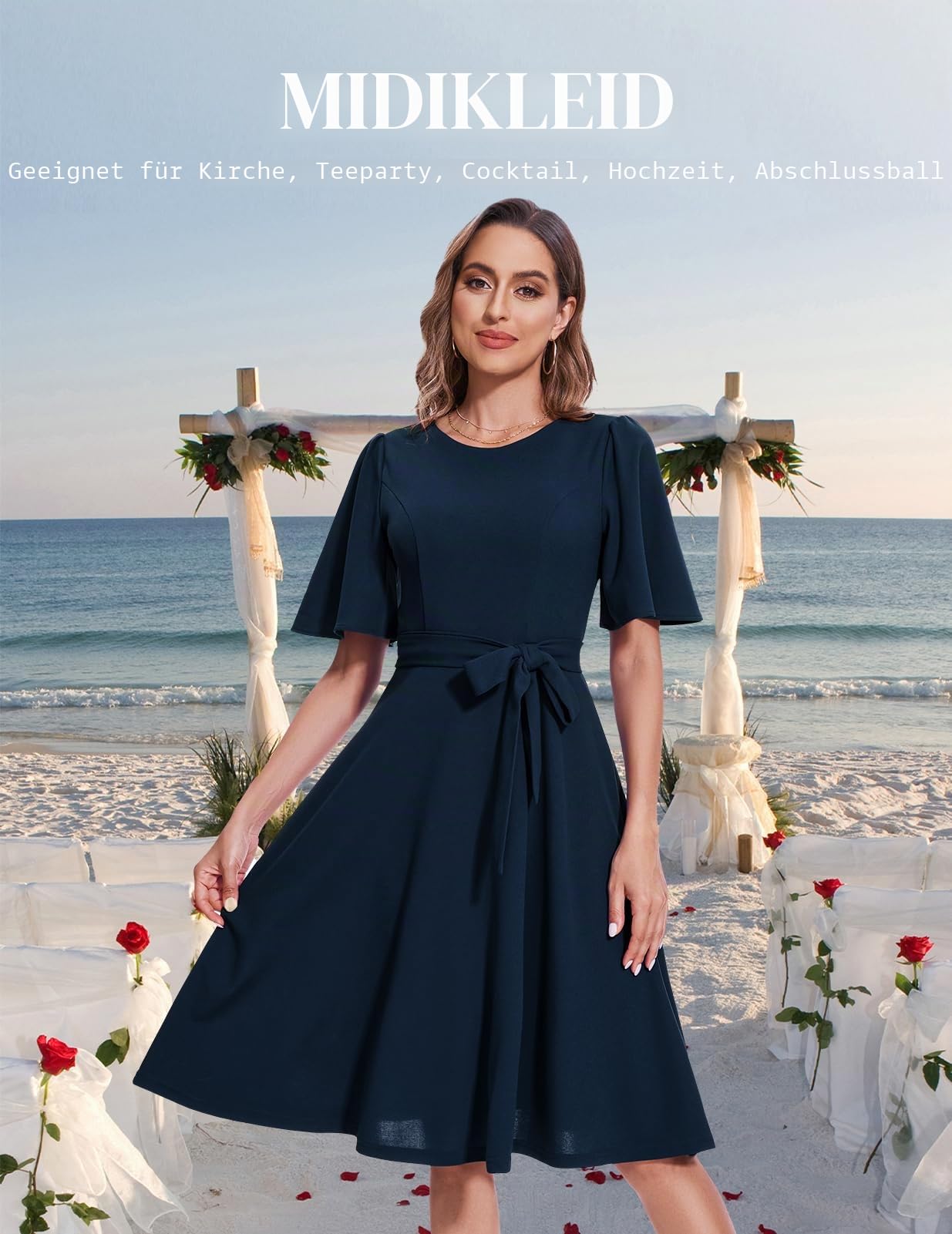 Bbonlinedress Cocktailkleid Damen Kurzarm midilang festlichs Kleid mit Gürtel Abendkleider elegant für Hochzeit Partykleider