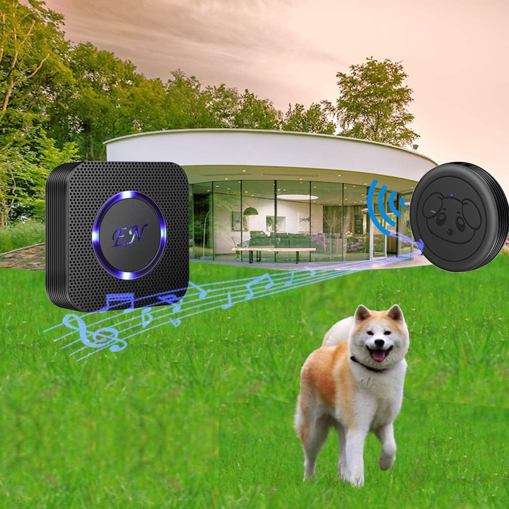 A dog standing in a yard with a house in the background, and a visual representation of the wireless signal from the transmitter to the receiver.