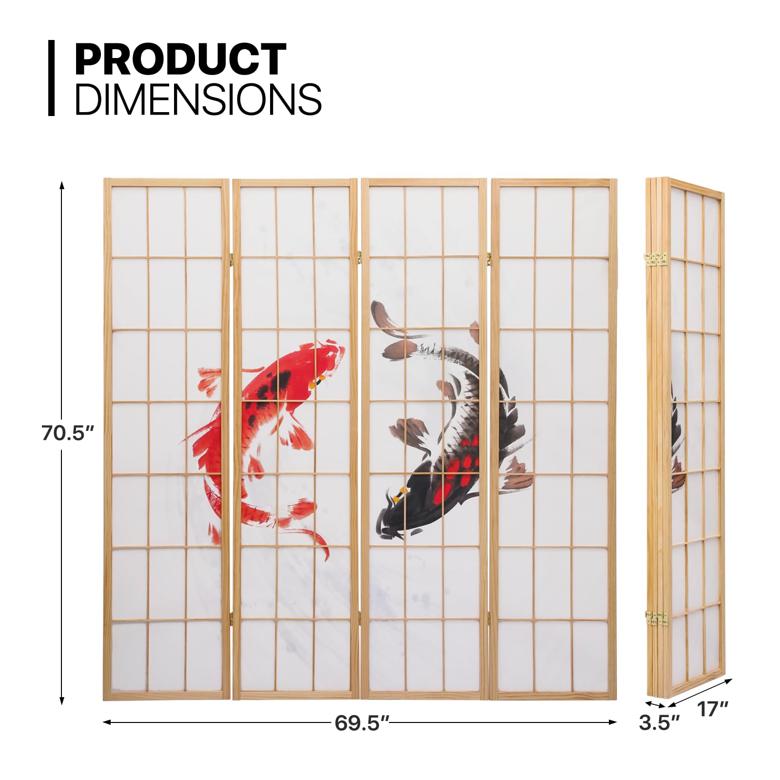 MoNiBloom Divisorio Giapponese A 4 Pannelli Con Pesci Koi – Paravento Pieghevole In Legno E Tessuto, 1,8m X 1,8m – Decorazione Orientale Per Privacy E Arredo